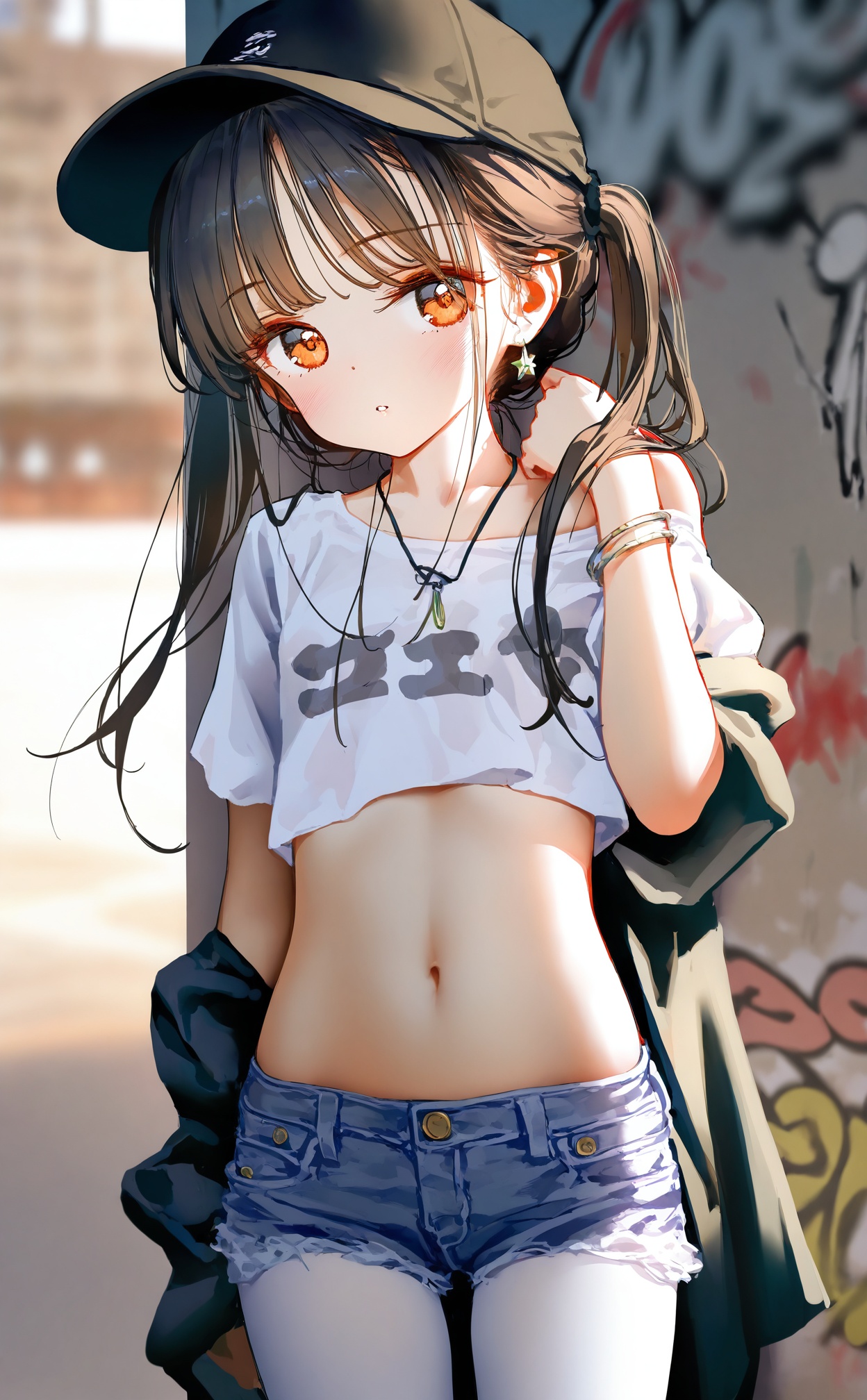 masterpiece,best quality,high quality,loli,chromatic_aberration,Light Blue Theme,//,loli,1girl,denim_shorts,shorts,denim,jewelry,necklace,solo,hat,graffiti,pantyhose,navel,twintails,long_hair,blue_shorts,shirt,looking_at_viewer,white_shirt,black_headwear,white_pantyhose,arm_up,cutoffs,short_shorts,baseball_cap,midriff,crop_top,earrings,short_sleeves,orange_eyes,standing,off_shoulder,single_bare_shoulder,parted_lips,brown_hair,clothes_writing,bracelet,against_wall,stomach,blush,star_\(symbol\),black_hair,brown_eyes,breasts,outdoors,//,year_2023,year_2024,year_2025,(artist:ningen_mame:0.9),(artist:sho_(sho_lwlw):0.9),(artist:rhasta:0.9),(artist:wlop:0.7),(artist:ke-ta:0.6),(fkey:0.5),(tianliang duohe fangdongye:0.5),(hiten \(hitenkei\):0.6),//,official art,depth of field,detailed light,blurry background,cinematic lighting,ray tracing,ultra detailed,god rays,backlighting,photo background,film grain,chromatic aberration,volumetric lighting,depth of field,blurry background,shiny skin,floating hair,cinematic lighting,day,very aesthetic,