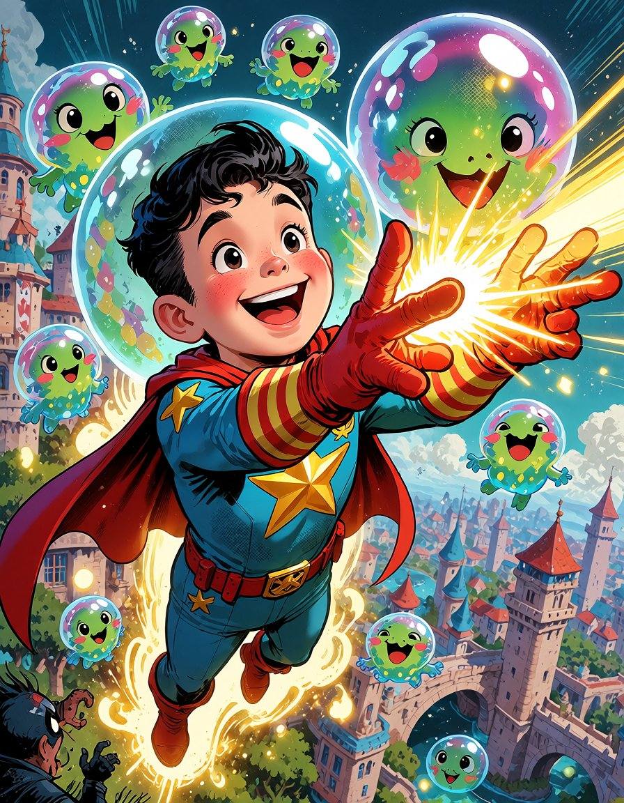 Classic retro comic splash page of a cheerful young fantasy superhero who controls magical bubbles. He wears a colorful co...