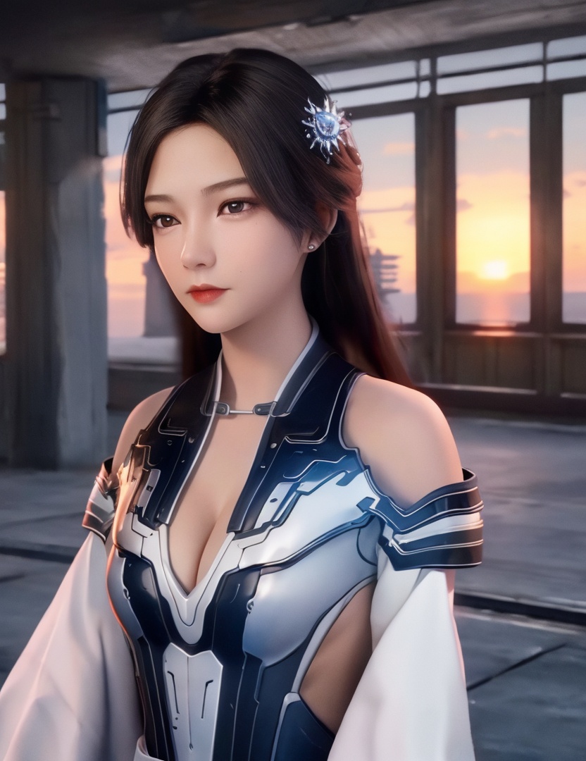 <lora:518-DA-遮天-李小曼:0.8>(,1girl, ,best quality, ),looking at viewer,masterpiece, (( , )),, realistic,science fiction,mole, ultra realistic 8k cg, , sun,sunset, (cleavage), (),