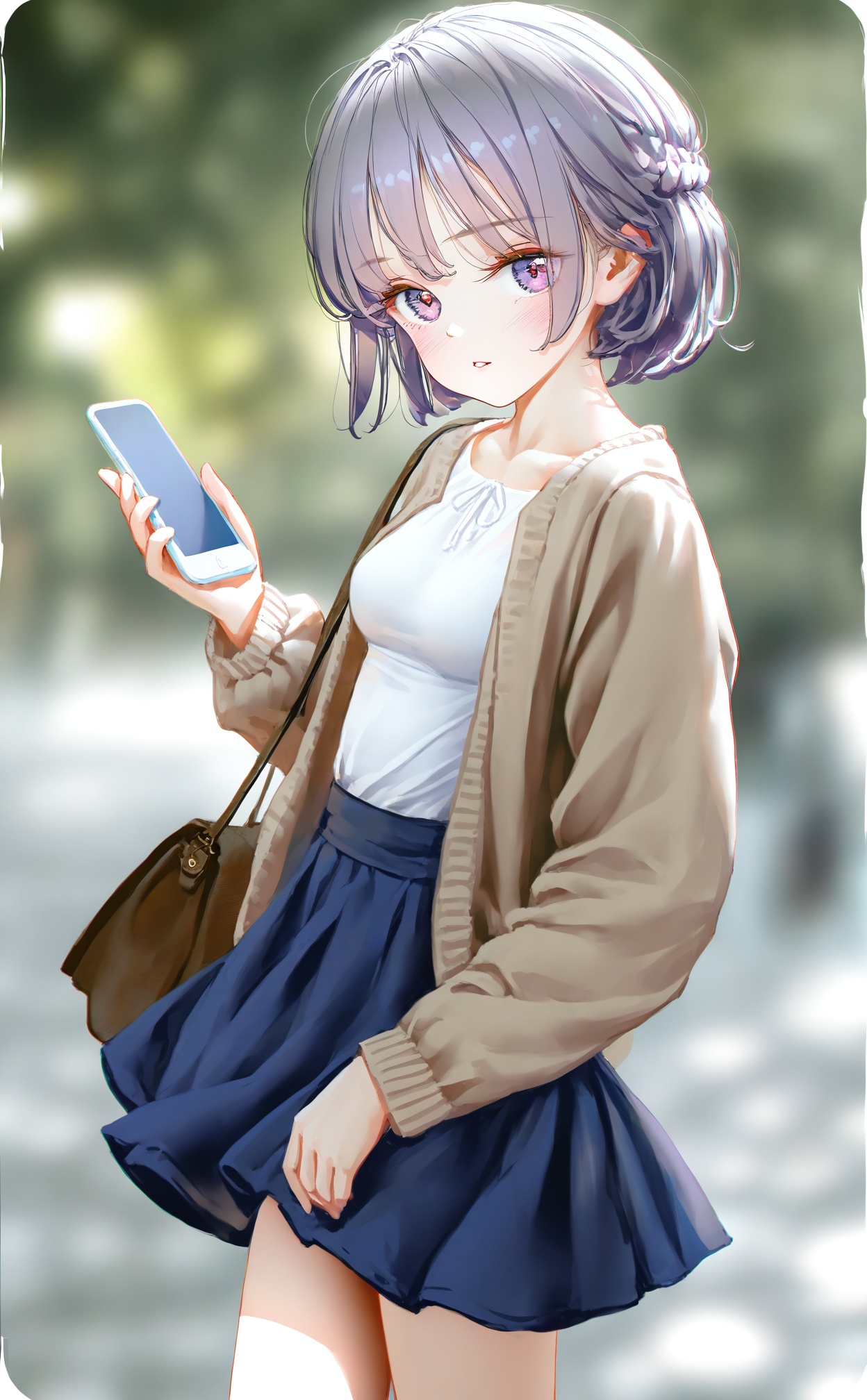 masterpiece,best quality,high quality,loli,chromatic_aberration,Light Blue Theme,//,1girl,solo,bag,phone,holding phone,purple eyes,blue skirt,holding,shirt,looking at viewer,white shirt,skirt,cellphone,blurry background,blurry,collarbone,short hair,blush,long sleeves,open clothes,smartphone,parted lips,outside border,braid,shoulder bag,purple hair,outdoors,open cardigan,cardigan,breasts,handbag,brown bag,border,brown jacket,medium breasts,depth of field,white border,eyes visible through hair,jacket,shirt tucked in,//,year_2023,year_2024,(artist:ningen_mame:0.9),(artist:sho_(sho_lwlw):0.9),(artist:rhasta:0.9),(artist:wlop:0.7),(artist:ke-ta:0.6),(fkey:0.5),(tianliang duohe fangdongye:0.5),(hiten \(hitenkei\):0.6),//,official art,depth of field,detailed light,blurry background,cinematic lighting,ray tracing,amazing quality,very aesthetic,backlighting,photo background,chromatic aberration,volumetric lighting,depth of field,blurry background,shiny skin,cinematic lighting,day,very aesthetic,