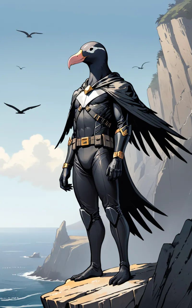 Illustration of a sleek,  black albatross equipped with a full-body assassin suit,  complete with hidden blades on Tensor.Art