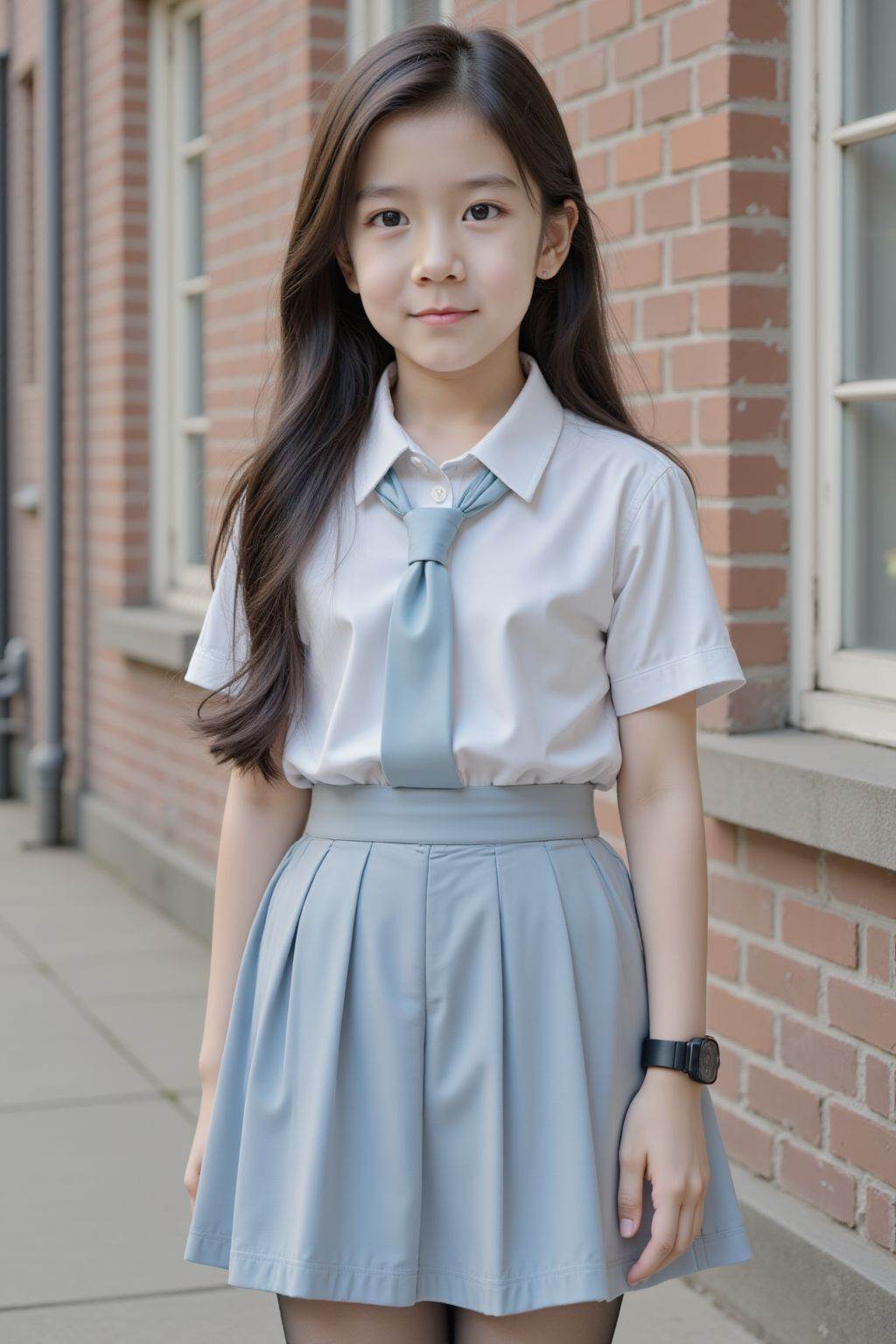 HDR photo of cinematic film still, A 12 y.o. female, stands outdoors near a brick building with windows. She wears a white short-sleeved collared shirt paired with a light blue tie that has a bow at the collar. Her skirt is a light blue pleated design, and she has on black tights. Her black long hair flows down her back, and she wears a black wristwatch on her left wrist. The background features a brick wall with a window and a sidewalk, with some blurred architectural details. The overall scene is well-lit, suggesting daytime.