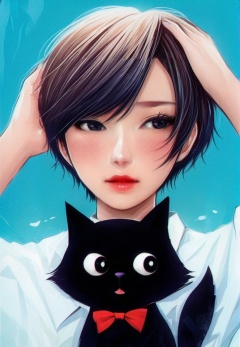 (best quality), ((masterpiece)), (highres), illustration, original, extremely detailed, <lora:少女梦绘卷:0.7>1girl, cat, short hair, black cat, black eyes, blue background, animal, blush, solo, lips, bow, bowtie, red lips, holding, upper body, red bow, hands on own head, shirt