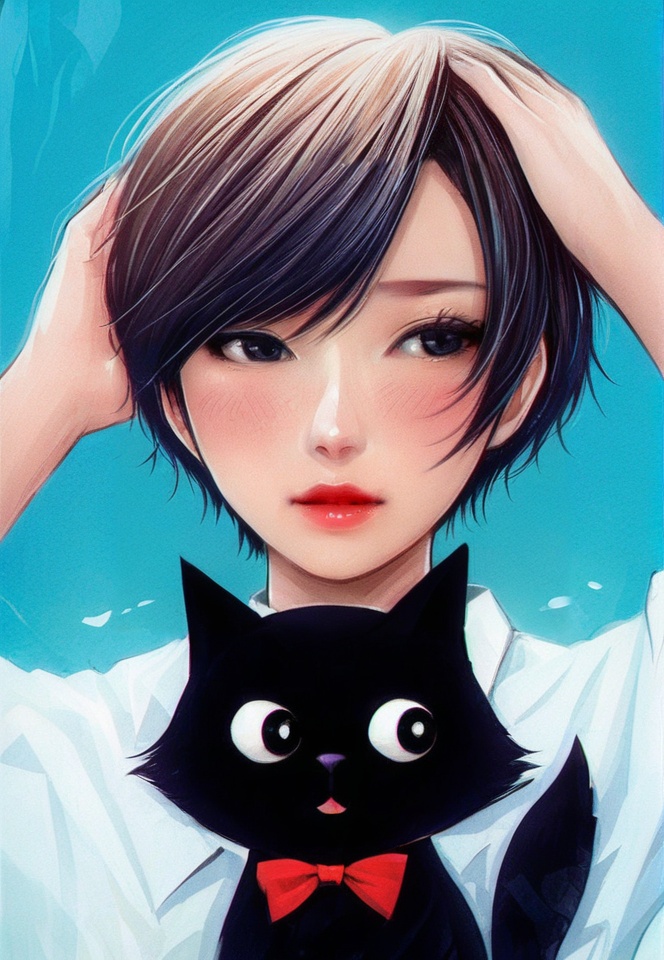 (best quality), ((masterpiece)), (highres), illustration, original, extremely detailed, <lora:少女梦绘卷:0.7>1girl, cat, short hair, black cat, black eyes, blue background, animal, blush, solo, lips, bow, bowtie, red lips, holding, upper body, red bow, hands on own head, shirt