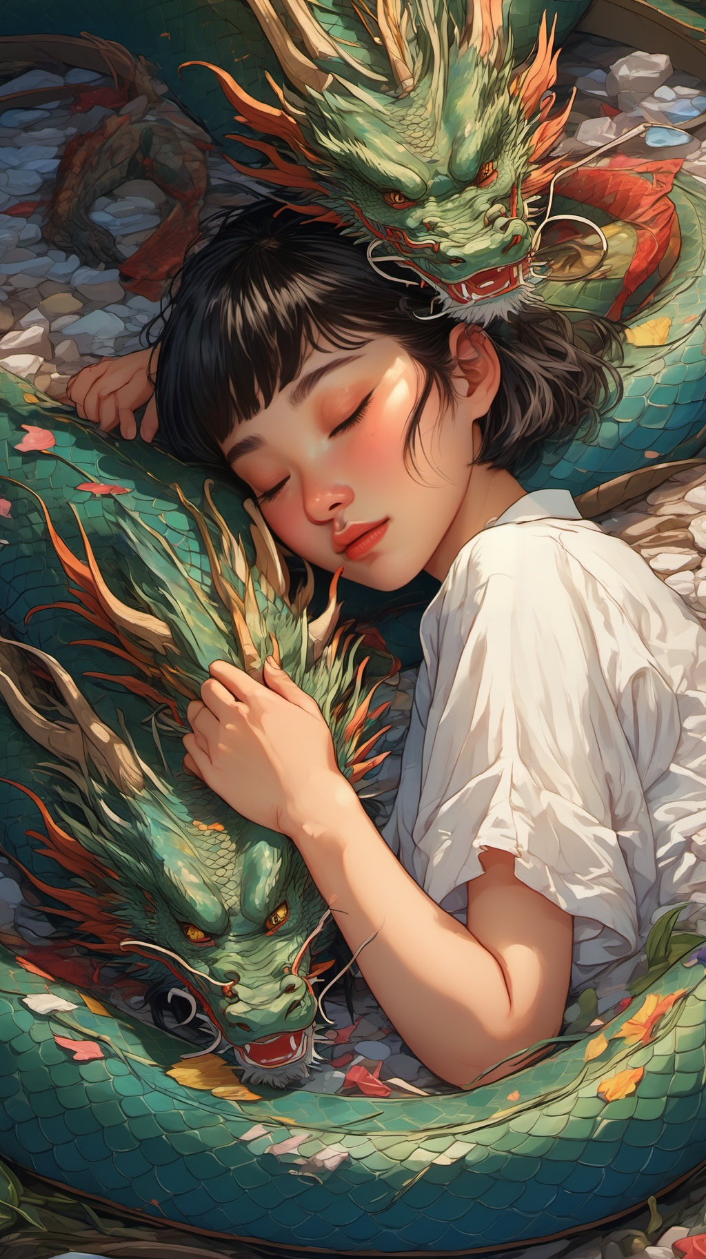 Dreamscape BJ_Sacred_beast_Illustration,Dragon,1girl,solo,blush,short_hair,bangs,shirt,black_hair,closed_eyes,white_shirt,short_sleeves,lying,medium_hair,on_side,sleeping,dragon,scales,eastern_dragon,photo,8k,intricate,highly detailed,majestic,digital photography,broken glass,(masterpiece, sidelighting, finely detailed beautiful eyes:1.2),hdr,realistic,high definition,<lora:SSDXL_acred_beast_Illustration:0.6>, . Surreal, ethereal, dreamy, mysterious, fantasy, highly detailed