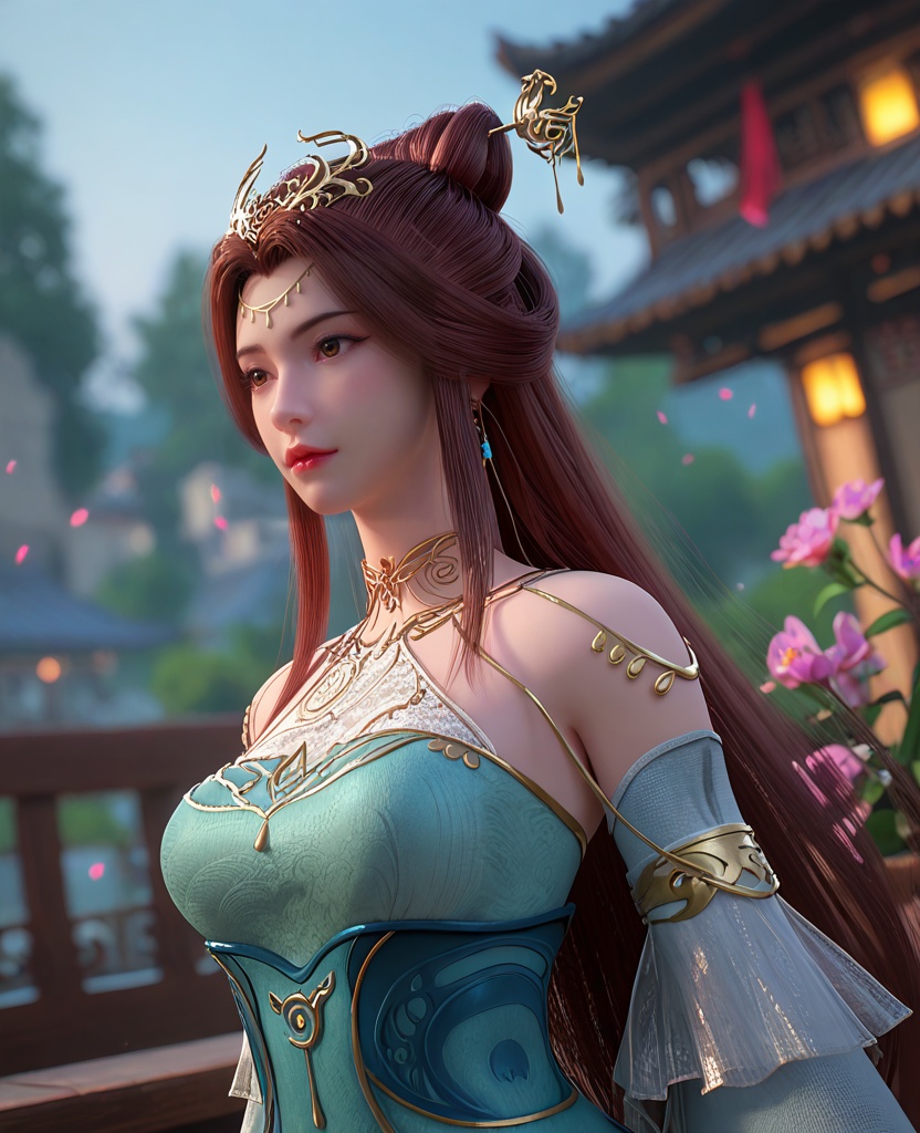 (oriental architecture, elegant decor, sophisticated style:1.1),(Walking away from the camera,:1.1),(breasts:1.2),<lora:XL百炼成神苏灵韵:0.95>,miss sulingyun,brown hair,long hair,green dress,hair ornament,jewelry,detached sleeves,brown eyes,hair bun,bare shoulders,earrings,flower bracelet,breasts,, zPDXL2, score_9, score_8_up, score_7_up BREAK realistic, masterpiece,best quality, highly detailed,, zPDXL3, zPDXL2,zPDXL, zPDXLxxx, zPDXLrl,