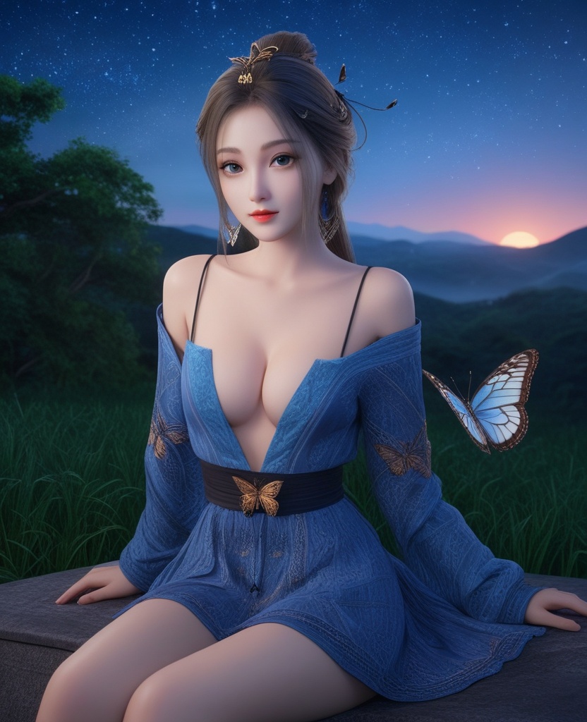 <lora:571-DA-XL-眷思量-奉眠:0.8>(,1girl, ,best quality, ),looking at viewer,  ,ultra detailed background,ultra detailed background,ultra realistic 8k cg, ,masterpiece, (( , )),,  fiction,mole, , ,      ,, 1girl,butterfly sitting,  night, star_\(sky\)(cleavage),