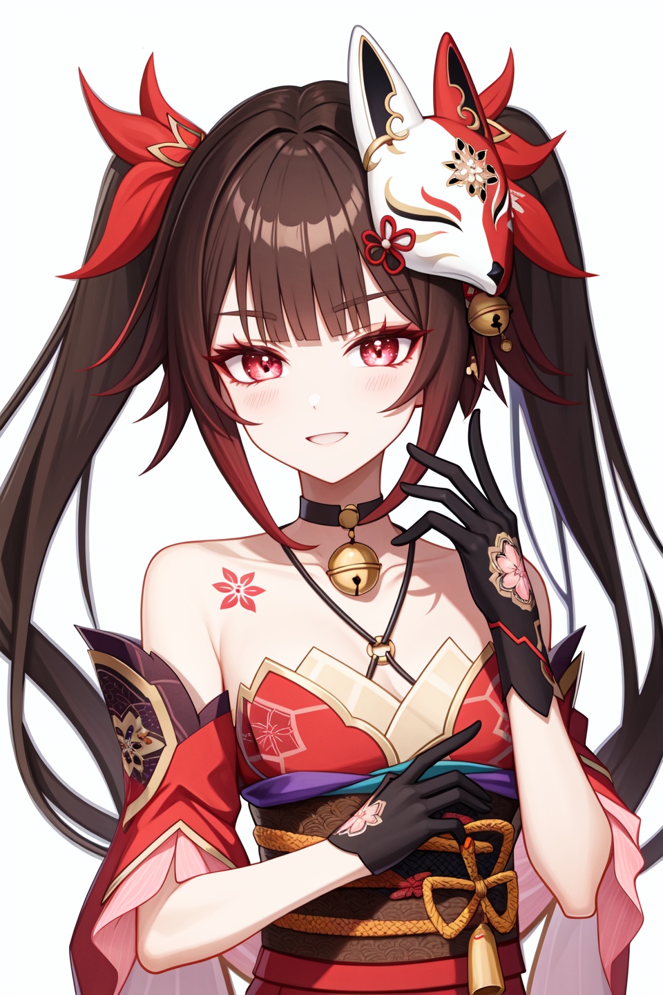 <lora:nai画风:0.0:lbw=paint>,<lora:花火v5:1:lbw=char>,huahuo,twintails,fox mask,red kimono,mask on head,black gloves,detached sleeves,choker,high quality,jingle bell,tattoo,, (masterpiece,best quality,high quality:1.4),absurdres,