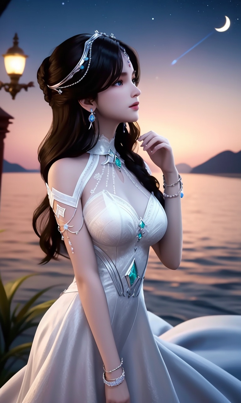 ,1girl, pov,,moon, full moon, moonlight,night,(,star_\(sky\), starry_sky, night, moon, night_sky, sky, shooting_star, full_moon, letterboxed, 1girl, solo, space, earth_\(planet\), planet, cloud, blue_sky, aurora, dress)<lora:DA_BaiYe:0.6>ultra realistic 8k cg, picture-perfect face, flawless, clean, masterpiece, professional artwork, famous artwork, cinematic lighting, cinematic bloom, perfect face, beautiful face, fantasy, dreamlike, unreal, science fiction, huge breasts, beautiful clothes, lace, lace trim, lace-trimmed legwear, (rich:1.4), prestige, luxury, jewelry, diamond, gold, pearl, gem, sapphire, ruby, emerald, intricate detail, delicate pattern, charming, alluring, seductive, erotic, enchanting, hair ornament, necklace, earrings, bracelet, armlet,halo     