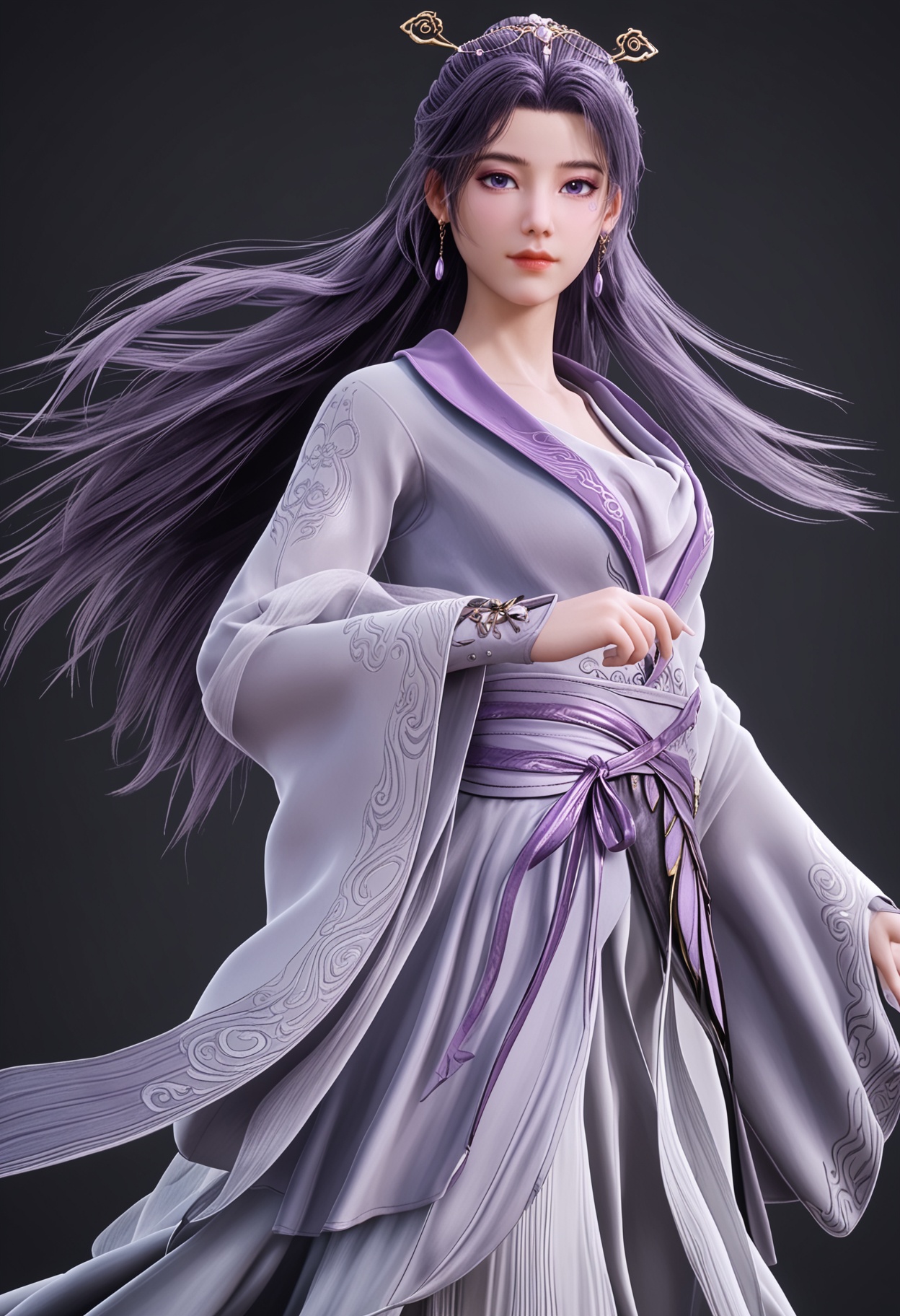 (cowboy shot:1.2),(masterpiece:1.1),(best quality:1.2),(intricate details),(looking at viewer:1.1),facing viewer,direct gaze,<lora:YQ_pony_yunxiaoxianzi2.0_V5:0.8>,q1528437228,1girl,solo,long hair,purple hair,purple eyes,hair ornament,chinese clothes,dress,jewelry,earrings,hair stick,long sleeves,sash,facial mark,single hair bun,wide sleeves,blue eyes,boots,black hair,shawl,BREAK simple background,pure black background,black background,perfect anatomy,