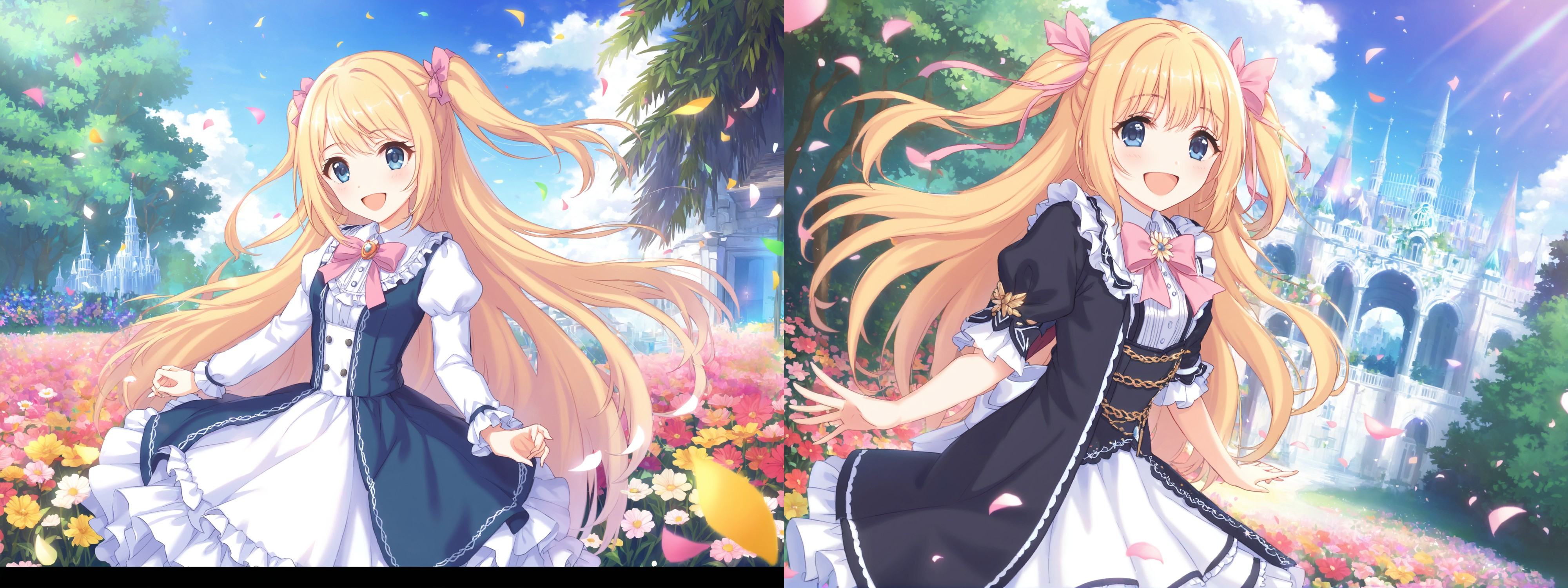 ((masterpiece)),(best quality),(beautiful detailed eyes),(ultra-detailed),(finely detail),(highres),two side up,detailed beautiful long blonde hair,pink ribbon,detailed beautiful blue eyes,white frilled dress,lace-trimmed,long sleeves,flower garden,wind,happy,laughing,confetti,petals,blue sky with clouds,(crystal trees:1.2),(detailed beautiful flowers:1),detailed beautiful background,<lora:pcr-xl-fp8-lokr-v2:0.8>,