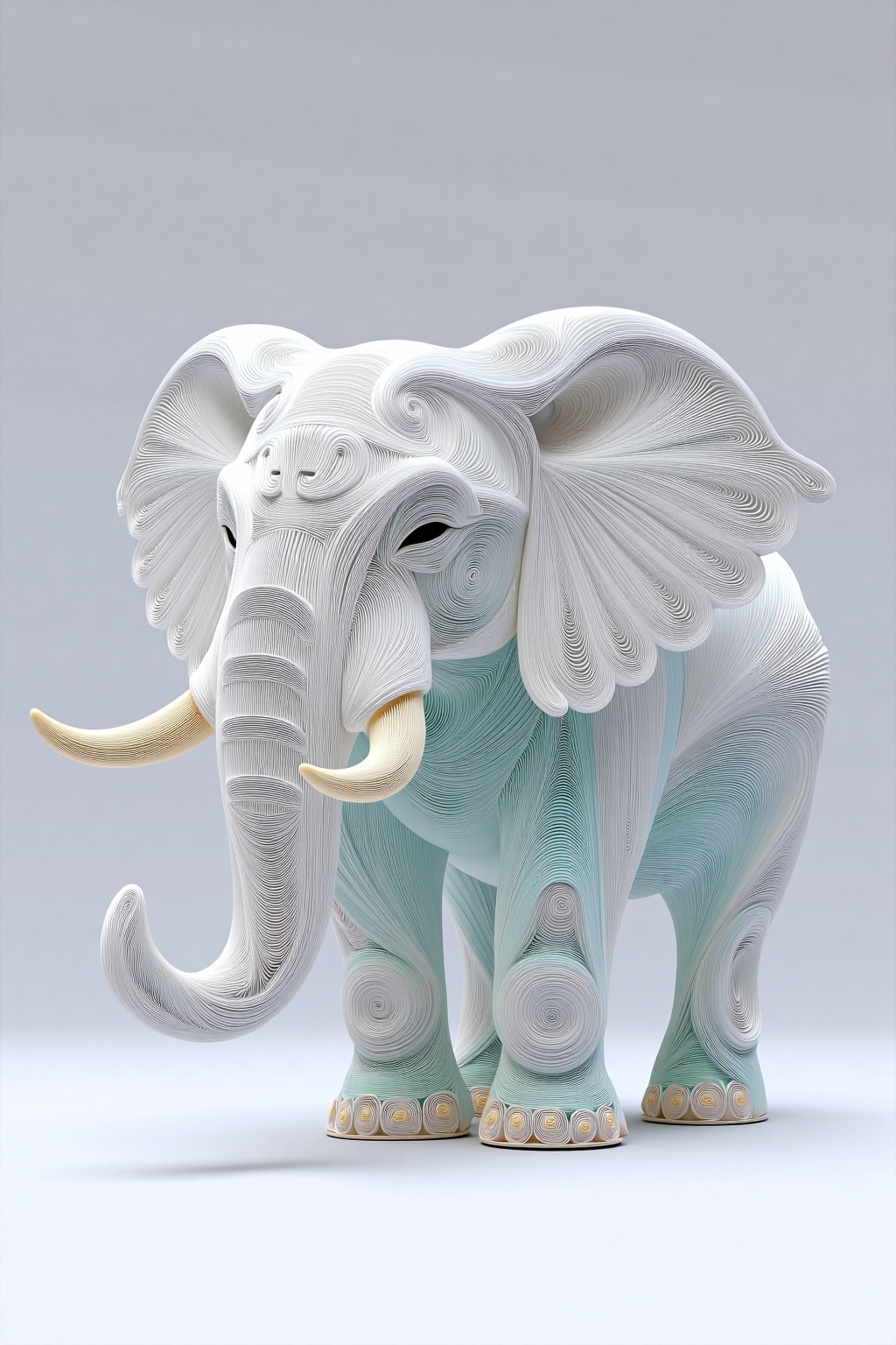 beijihui,a 3D rendering of an elephant stands on a stark white surface. The elephant's trunk is adorned with a unique swirl pattern, adding a touch of depth to the image. Its ears, trunk, and tusks are encircled by a wavy line of wavy lines, adding depth and texture to the scene. The background is a solid gray, creating a stark contrast to the elephant's body.