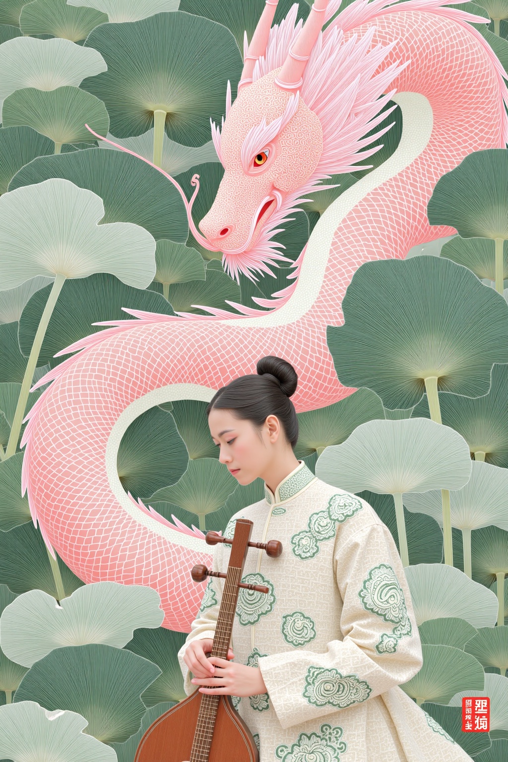 beijihui,The image depicts a serene and artistic scene with a person holding a traditional string instrument, possibly a guqin, in the foreground. The person is dressed in a light-colored, intricately embroidered outfit with green floral patterns. They are standing in front of a lush, detailed background that features large, stylized leaves and a vibrant, pink dragon coiled around the scene. The dragon has intricate scales and a fierce expression, adding a sense of fantasy and mystique to the composition. The overall color palette is soft and pastel, with shades of pink, green, and white, creating a harmonious and ethereal atmosphere.