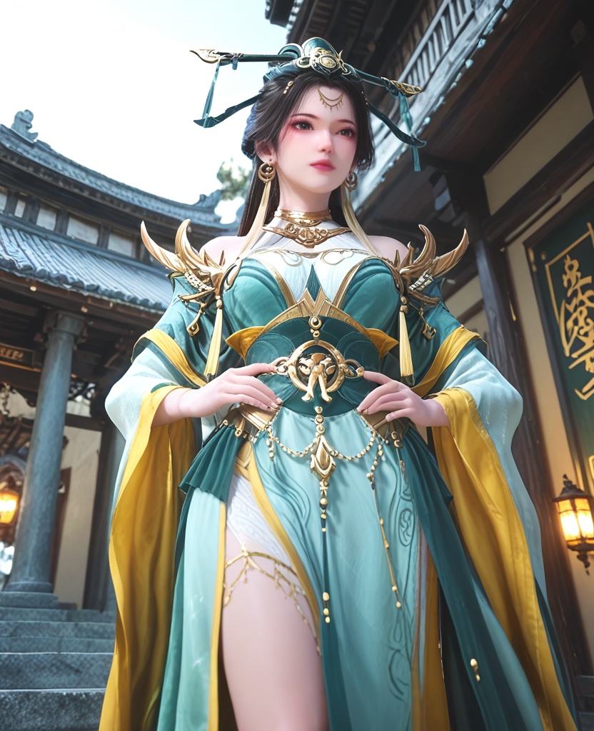 (oriental architecture, elegant decor, sophisticated style:1.1),(With hips tilted to one side, hands resting just below her waist, she showcases a coy allure that's hard to resist:1.1),(breasts:1.2),<lora:XL师兄啊王母娘娘:0.95>,empress,aque dress paired with a green tight corset,black hair,long hair,hair bun,hair ornament,tassel earrings,jewelry,tassel,double cuffs,choker,bare shoulders,see-through decorative chiffon,black eyes,, score_9,score_8_up,score_7_up,score_6_up,score_5_up,score_4_up,3d rendering,tag1,tag2, Cinematic Lighting,backlighting,