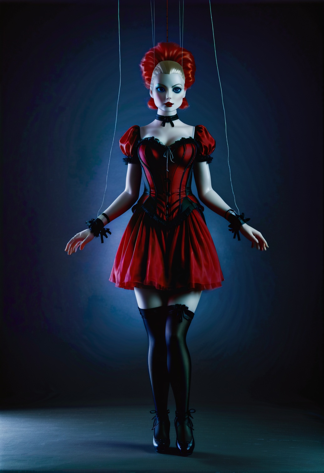 marionetka,  a puppet in a red and black dress,  holding a string on Tensor.Art