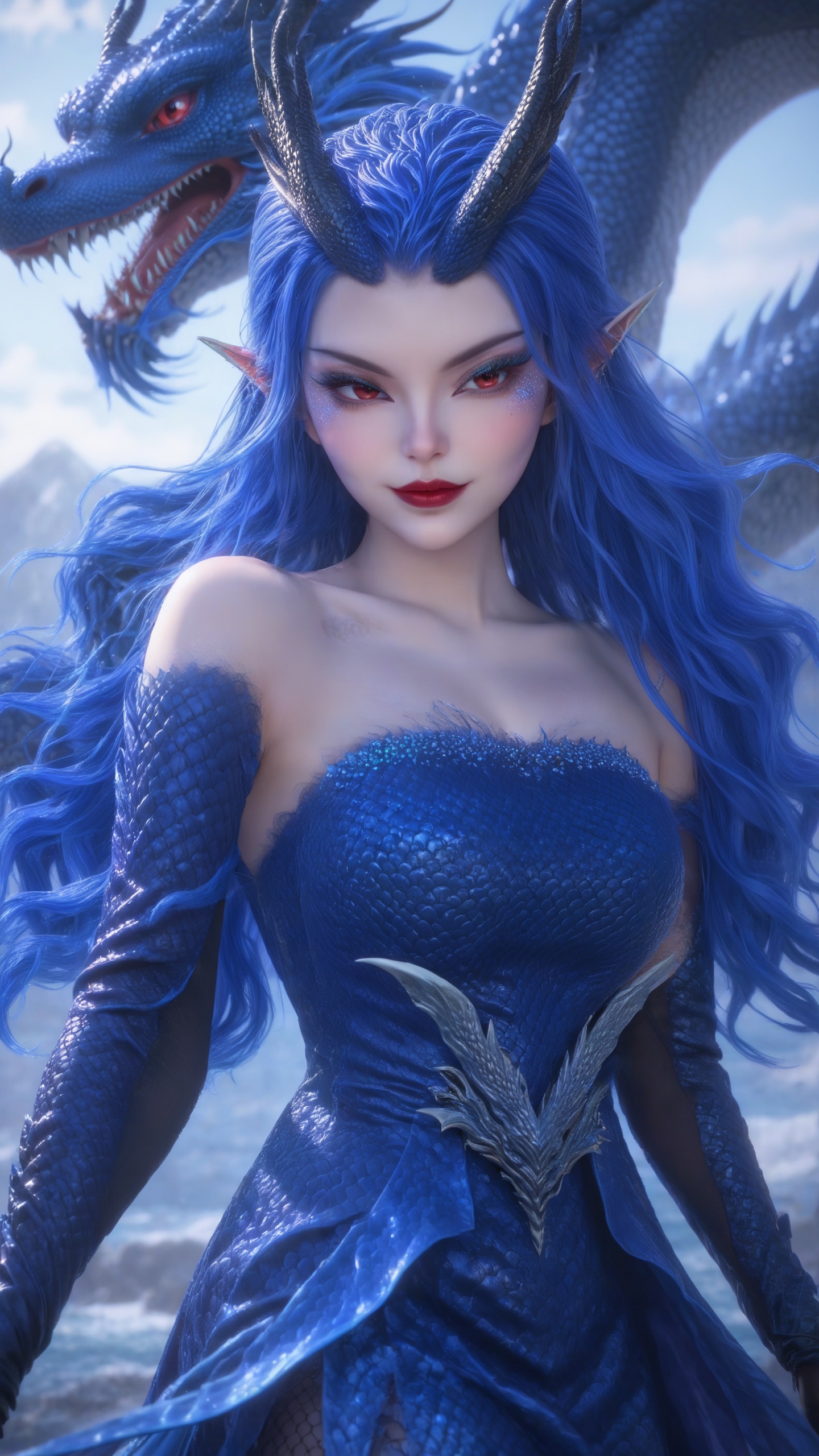 Dream scenes, dragons, waves, spray, petals falling, 8K,HDR,RAW,depth of field,blurry,aorun,1girl,solo,long hair,gloves,dress,bare shoulders,pantyhose,pointy ears,elbow gloves,blue dress,fishnets,giant,giantess,talon,(looking at viewer),((solo)),huge breasts,(standing), <lora:ENNE 敖闰_哪吒2_西海龙王_XL_v09:0.9> ,aorun,blue strapless dress,backless outfit，scales，elbow gloves，horns, dragon horns, blue hair, red eyes, makeup, red lips, monster girl, dragon girl,,