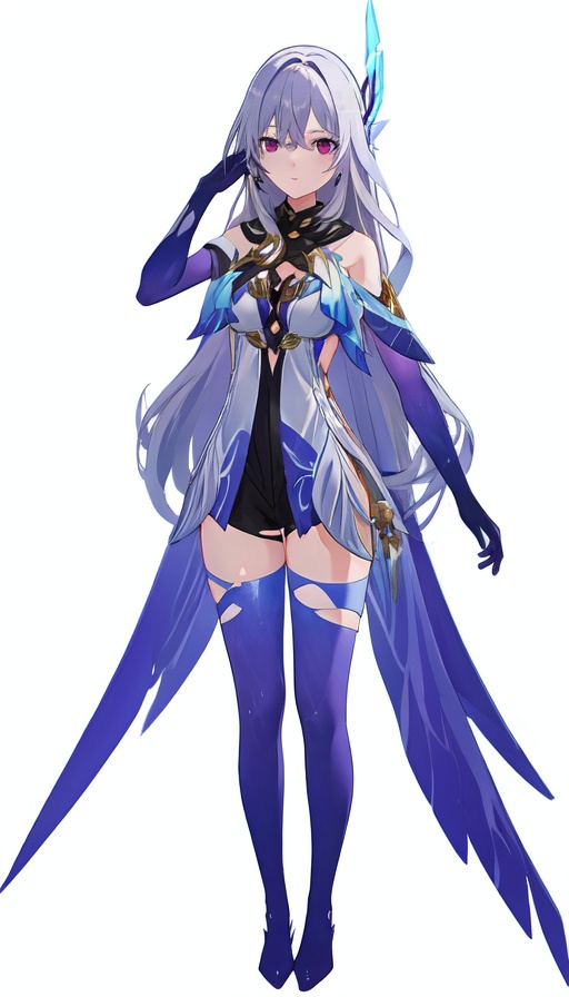 masterpiece,best quality,1girl,solo,skirk,(long hair:0.6),thighhighs,(elbow gloves:0.6),<lora:sadasda-000002:0.7>,simple background,white_background,panorama,barefoot,standing,