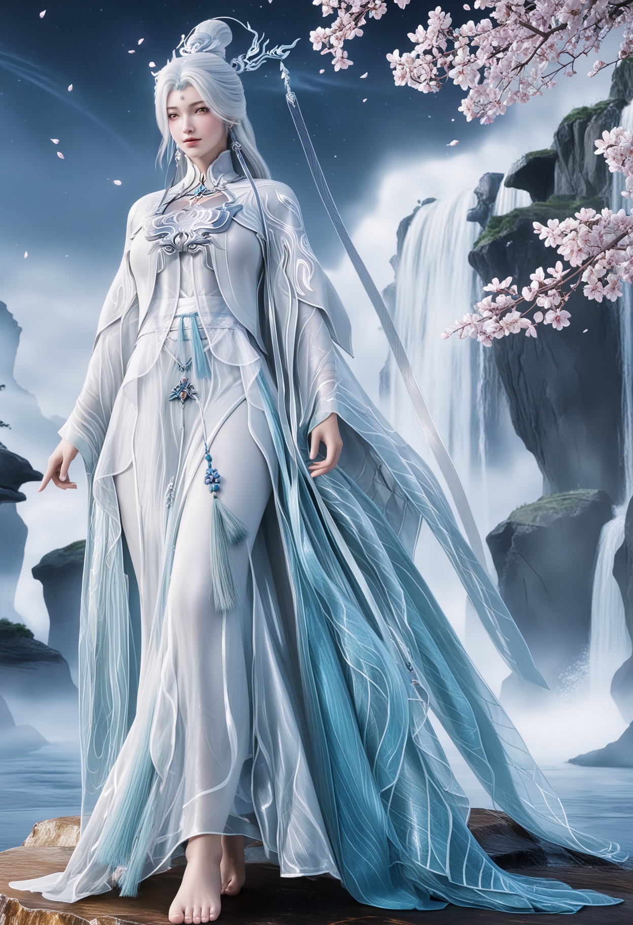 masterpiece,best quality,amazing quality,high resolution,ultra-detailed,absurdres,(looking at viewer:1.1),full body,(moody lighting:1.1),waterfall,peach blossom,falling petals BREAK large breasts,jianma,1girl,solo,white hair,long hair,jewelry,hair ornament,earrings,realistic,dress,chinese clothes,hair bun,white dress,long sleeves,white eyelashes,yellow eyes,tassel,wide sleeves,barefoot BREAK photorealistic details,<lora:QQSilljianmaV1:0.8>,