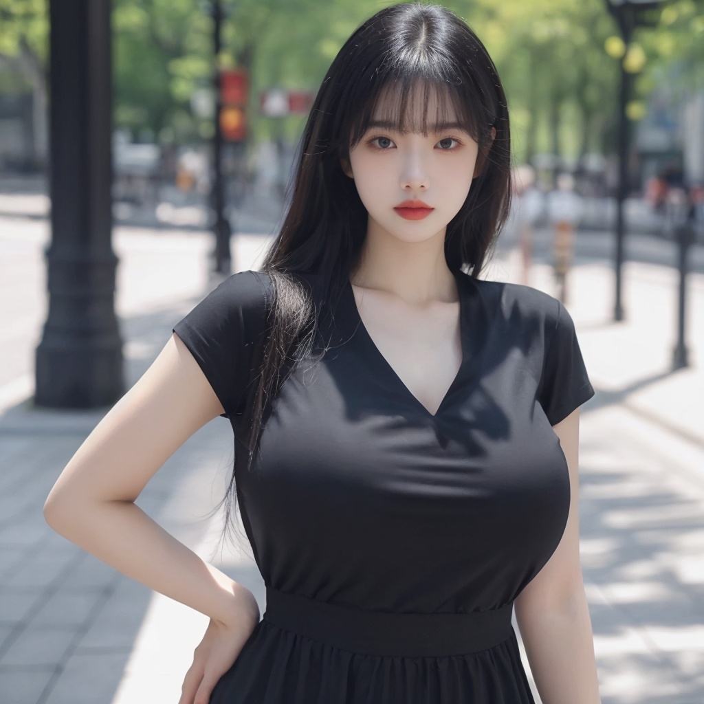 (masterpiece, best quality:1.4),finely detailed,1girl,solo,pale skin,perfect body,glossy skin,(gigantic breasts:1.2),black hair,shirt,STANCE,full-size photograph,outdoors,(black shirts),(black dress),<lora:meinv76:0.6>