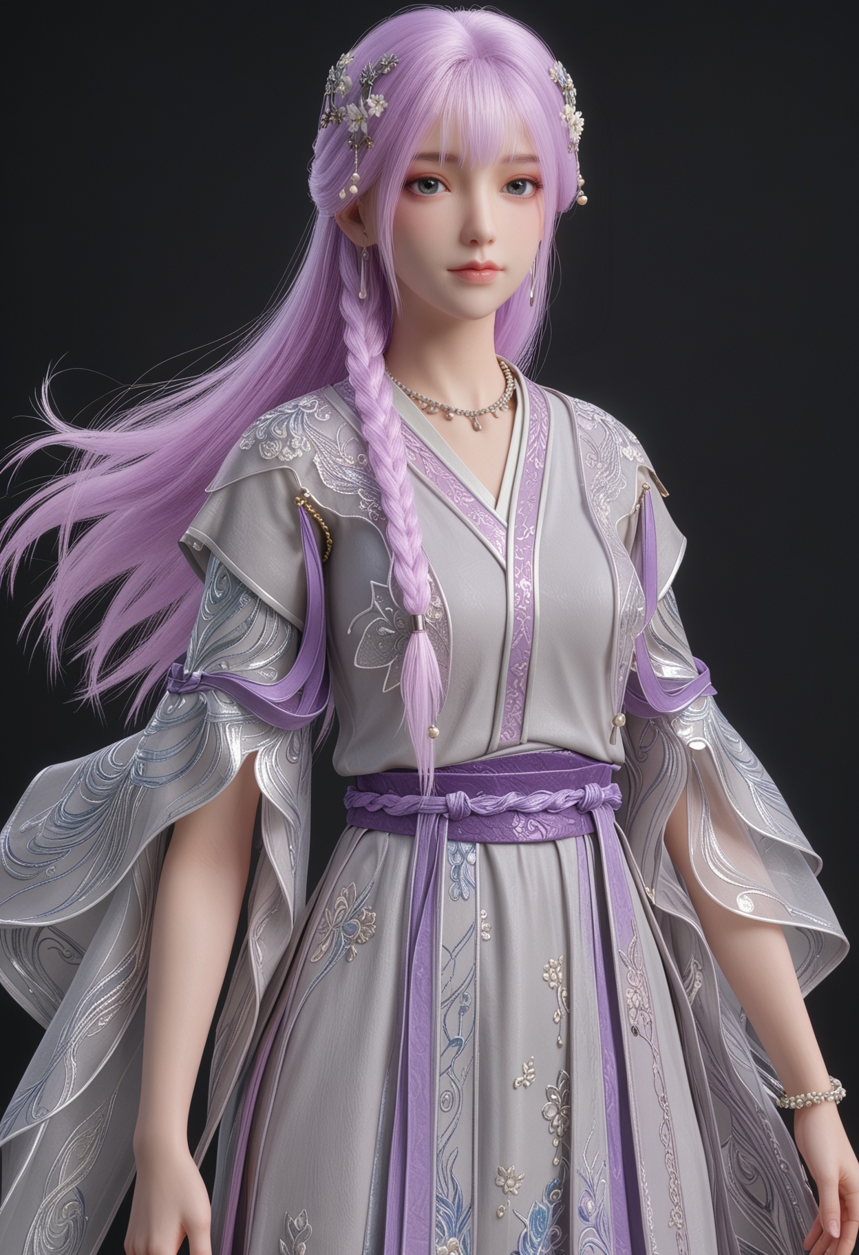 (cowboy shot:1.2),score_9,score_8_up,masterpiece,(best quality),intricate details,facing viewer,(looking at viewer:1.1),<lora:YQ_pony_tianqiong_shaonv_V4:0.8>,q1528437228,1girl,solo,long hair,purple hair,jewelry,hair ornament,earrings,braid,necklace,dress,hair flower,blue eyes,pink hair,chinese clothes,green eyes,side braid,grey eyes,japanese clothes,wide sleeves,long sleeves,sash,robe,BREAKscore_9,score_8_up,masterpiece,(best quality),perfect anatomy,(hourglass),perfect face,(simple background,pure black background,black background:1.1),fair_skin,shiny_skin,Ivory_skin,