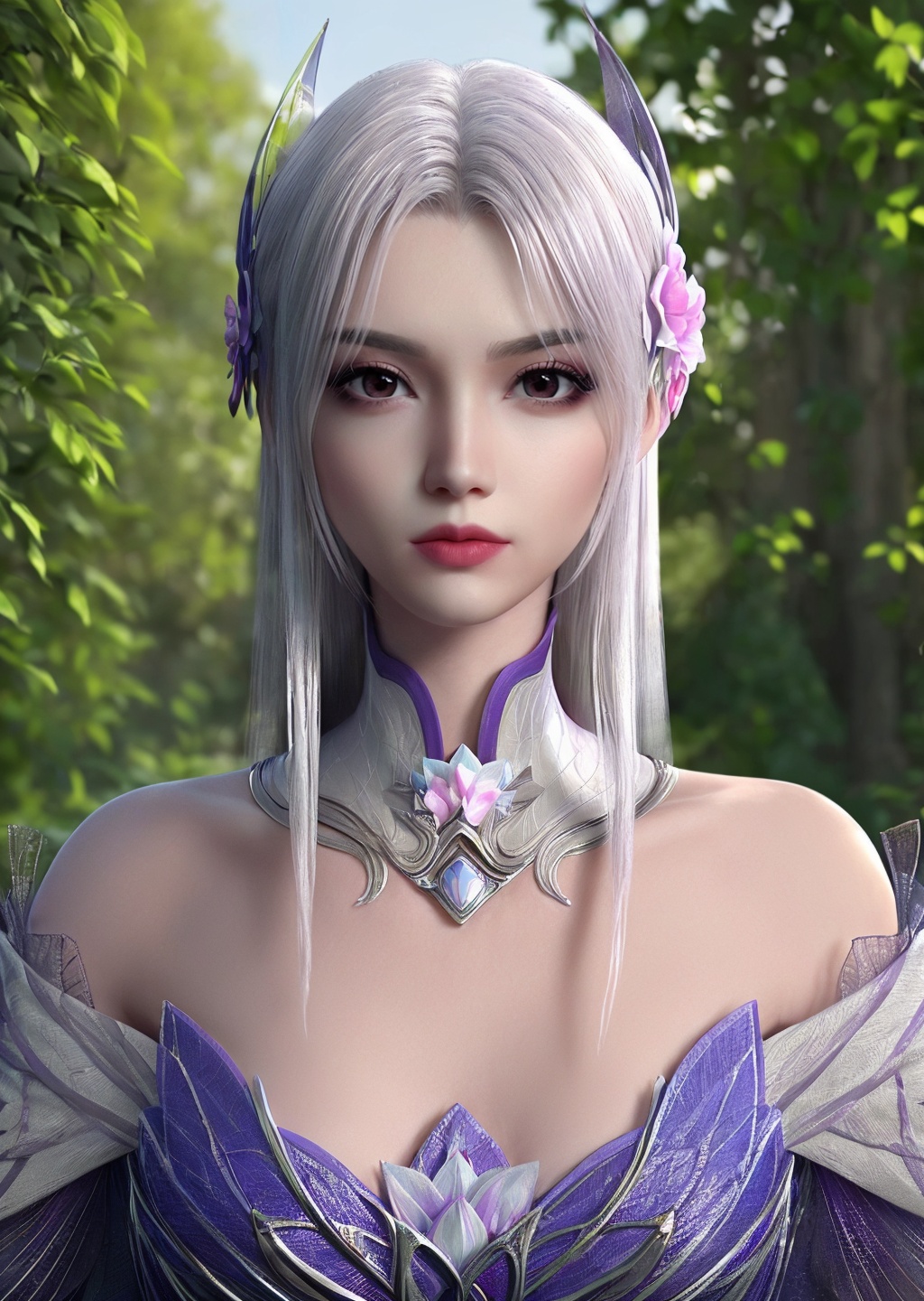 1girl,solo,white hair,(hair ornament),makeup,lipstick,choker,dress,((looking at viewer)),outdoors,((sunlight)),pink flower_field,nature,scenery,(upper body),depth of field,Highly detailed,(ultra-detailed),(best quality:1.5,masterpiece:1.5),<lora:xiaoyixian-000010:0.9>,