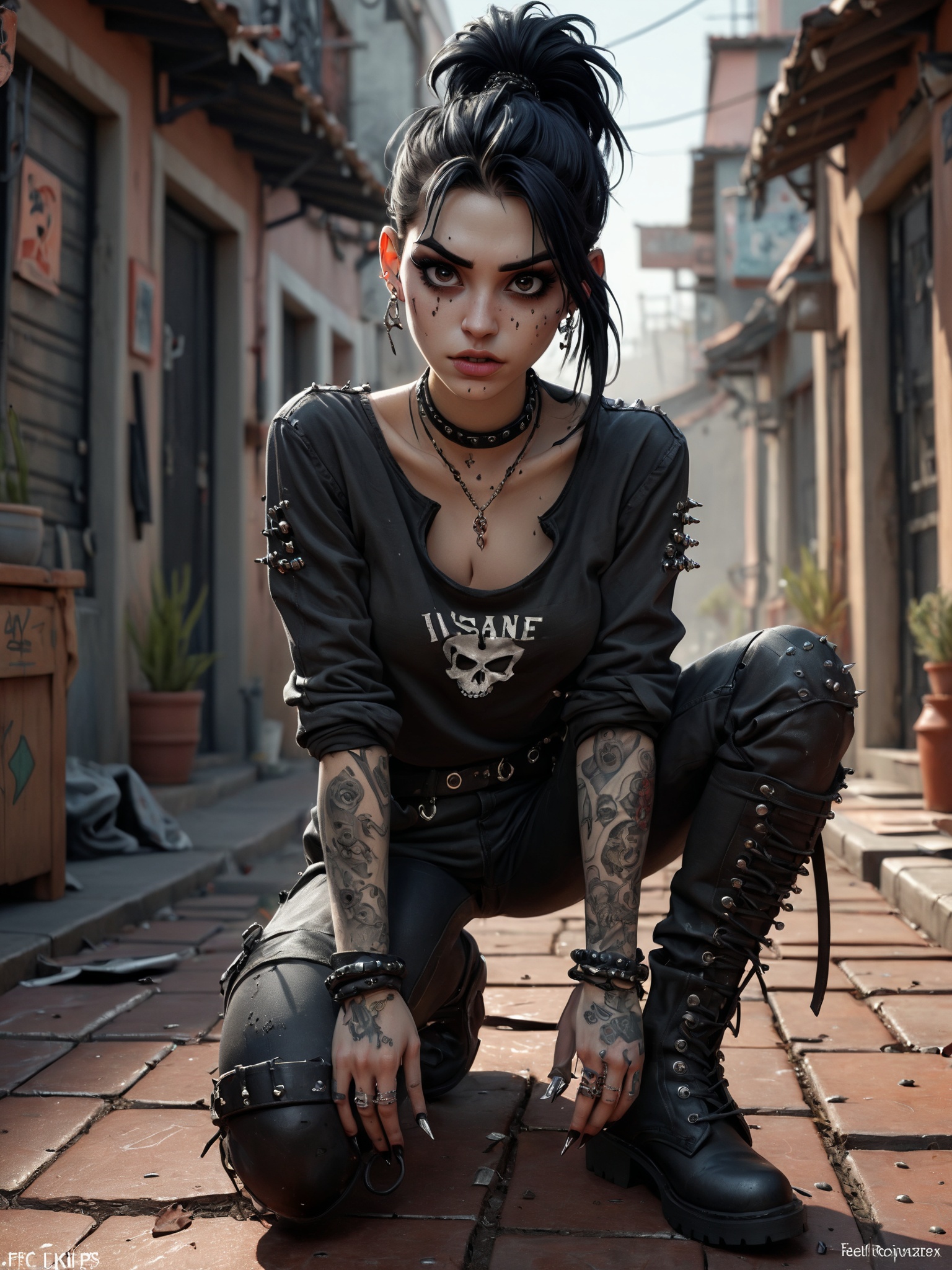 goth girl,  her messy jet black hair is pulled back in a ponytail,  the scars over her face are prominent but look old on...