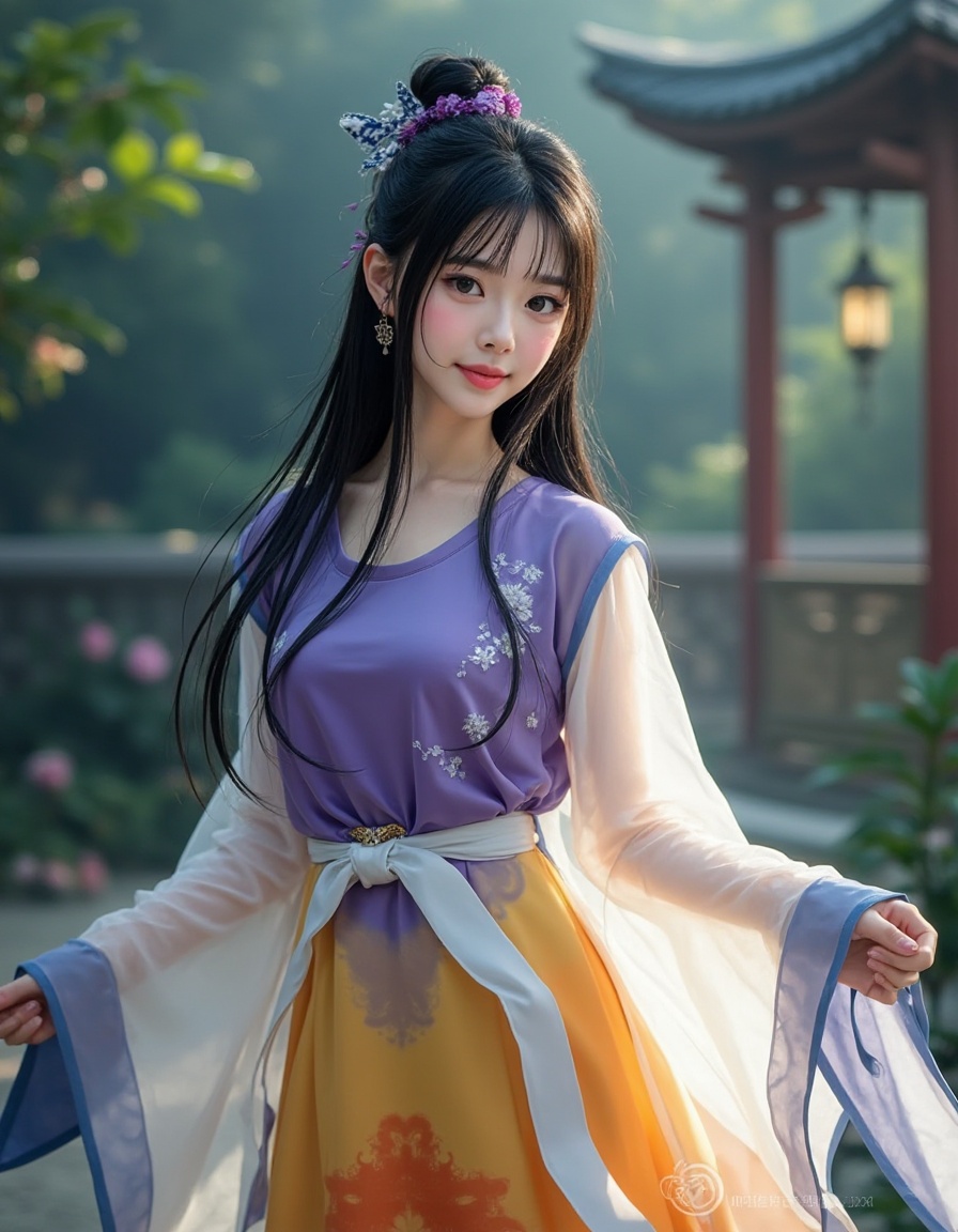 A beautiful girl, featuring long black straight hair that flows down her back. Her brown eyes glow with an alluring and mysterious charm. She wears a WeiJin_JiaoLing_RuQun with intricate embroidery, which drapes elegantly around her figure. simple purple top with blue edge, gradient white sleeves, patterned yellow and orange skirt, white sash. The fabric is thin and transparent. Her feet are faintly visible at the bottom, adding to her graceful and ethereal presence. She is in a Chinese garden. The scene has a soft, enchanting atmosphere with subtle mystical lighting, enhancing her otherworldly allure.