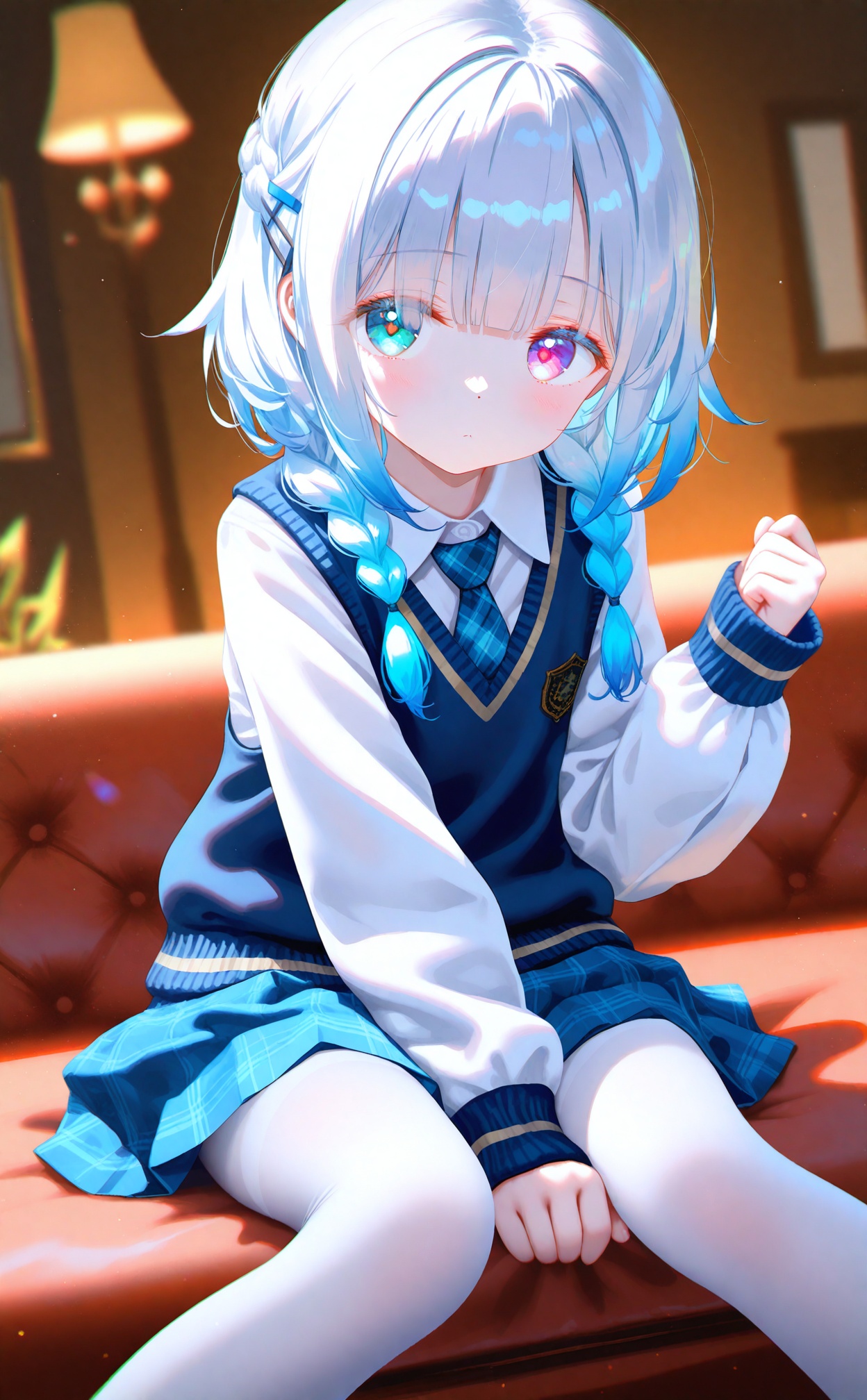 masterpiece,very aware,highres,absurdres,newest,best quality,petite,high quality,chromatic_aberration,cinematic_angle,dutch angle,//,artist:torino aqua,artist:rhasta,artist:wlop,artist:ke-ta,artist:hiten \(hitenkei\),//,1girl,white pantyhose,white hair,solo,between legs,necktie,skirt,pantyhose,hand between legs,multicolored eyes,braid,sitting,green eyes,looking at viewer,blue skirt,dated,shirt,hair ornament,signature,heterochromia,blush,pleated skirt,medium hair,purple eyes,gradient eyes,long sleeves,white shirt,arm between legs,blue vest,vest,collared shirt,hand up,feet out of frame,school uniform,pink eyes,symbol-shaped pupils,closed mouth,side braid,colored eyelashes,blue eyes,short necktie,miniskirt,long hair,knees together feet apart,blue hair,dot mouth,sleeves past wrists,child,multiple braids,sidelocks,clenched hand,light blush,blue sweater vest,thighband pantyhose,expressionless,print necktie,short hair,side braids,blunt bangs,artist name,heart-shaped pupils,eyes visible through hair,sleeve cuffs,plaid necktie,aqua eyes,wing collar,heart,two-sided skirt,blurry,white sleeves,brown background,french braid,dot nose,aged down,thighs,multicolored hair,