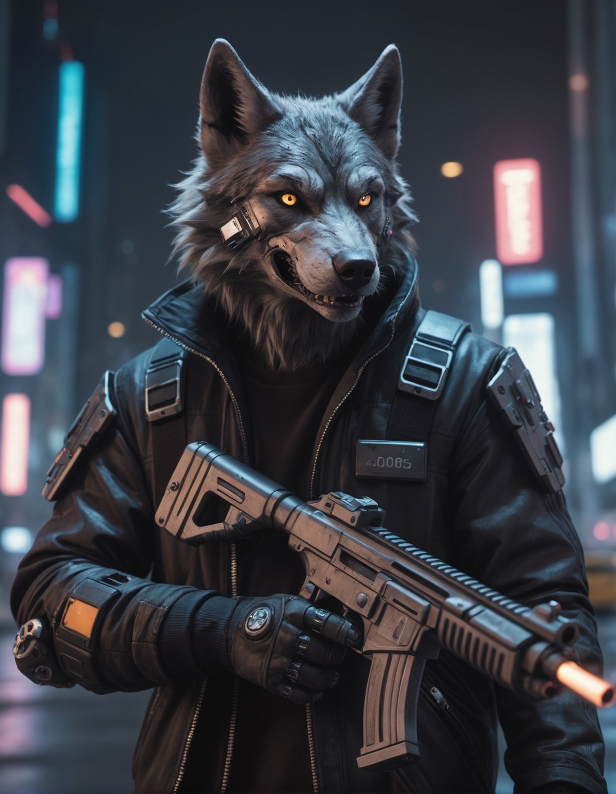 Closeup photo of a cyberpunk wolf in night city holding a futuristic gun on Tensor.Art