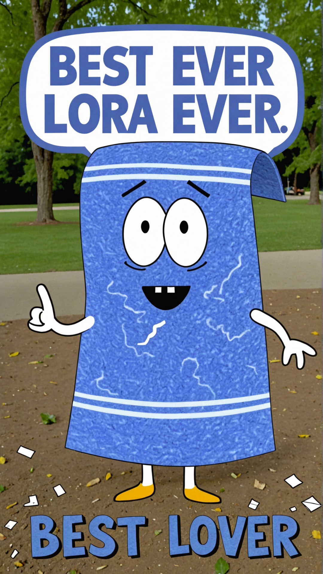 Photo of Towelie smoking weed at the park with a text bubble that says "best LoRA ever made" on Tensor.Art