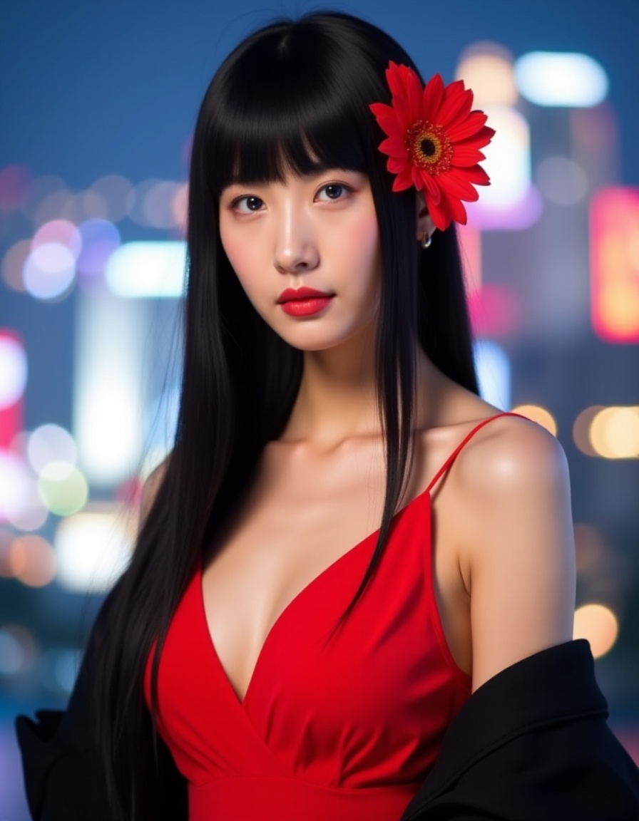 This is a photograph featuring an East Asian woman with a slender build, light skin, and straight black hair adorned with a bright red flower on the left side. She wears a sleeveless, vibrant red dress and has a black jacket draped over her shoulders. The background is slightly blurred, showcasing a cityscape with colorful, bokeh-effect lights, suggesting a nighttime urban setting. The image captures a sense of modernity and elegance.