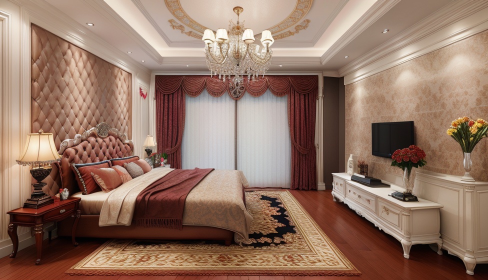 1room, Huali, Europeroom, carpet, couch, curtains, no humans, indoors, lamp, rug, window, scenery, flower, bed, table, rose, pillow, vase, chandelier, chair, on side, bedroom, wooden floor, book, blanket, sleeping,<lora:SD1.5_Europeroom1.28:0.7>