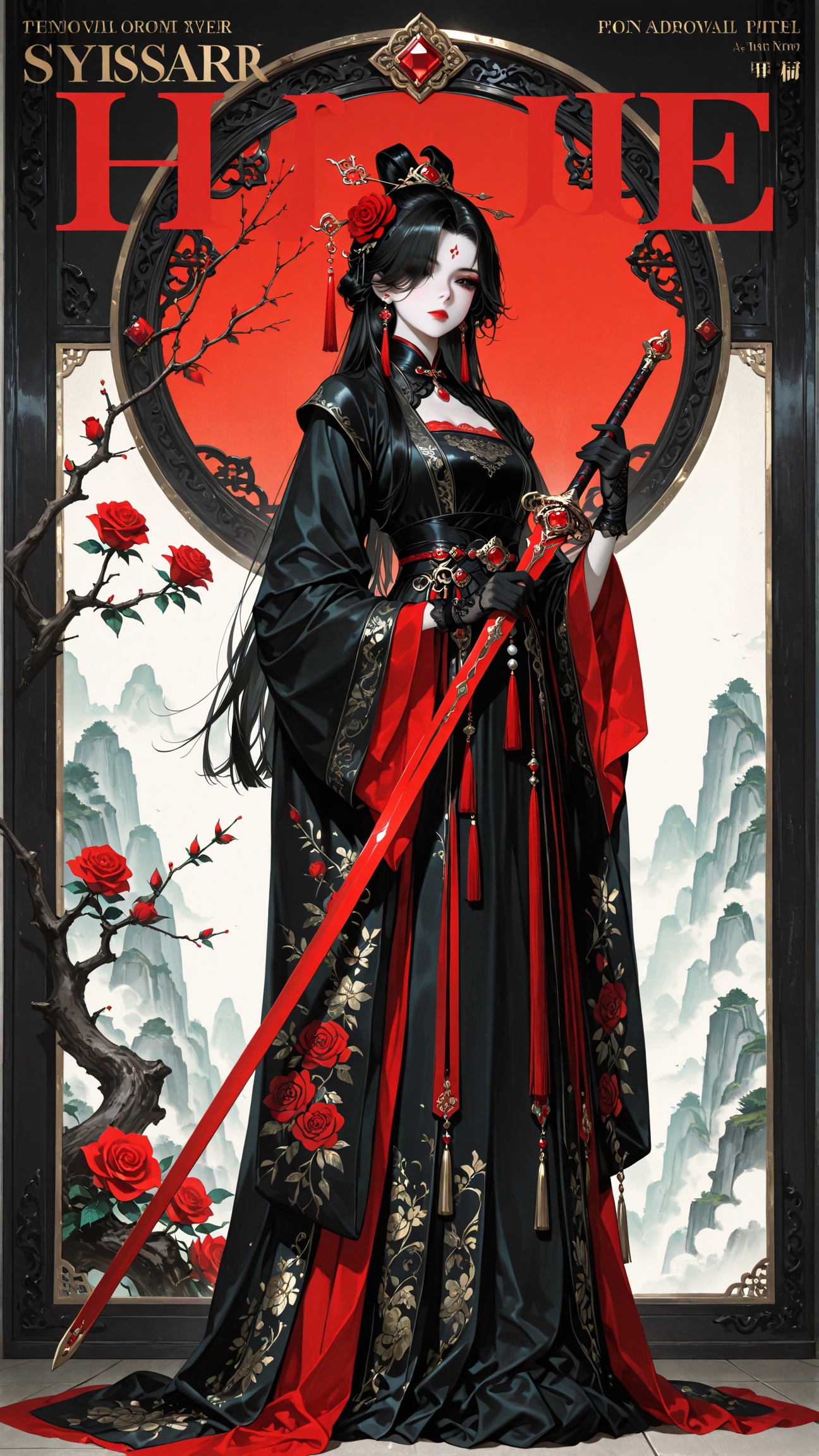 XUER poster art,1girl,solo,long hair,looking at viewer,black hair,hair ornament,gloves,long sleeves,holding,jewelry,closed mouth,upper body,weapon,flower,earrings,black gloves,sword,hair flower,wide sleeves,hair over one eye,black eyes,lips,eyelashes,makeup,headband,rose,facial mark,chinese clothes,floral print,red flower,tassel,pale skin,lace,beads,circlet,red rose,forehead mark,branch,red lips,red gemstone,hanfu,<lora:绪儿海报艺术XUER poster art:0.8>,A shot with tension,(Visual impact,giving the poster a dynamic and visually striking appearance:1.2),impactful picture,(full body:1.3),(masterpiece, best quality:1.2),offcial art,colorful,splash of color,movie perspective,advertising style,magazine cover,fashionable,