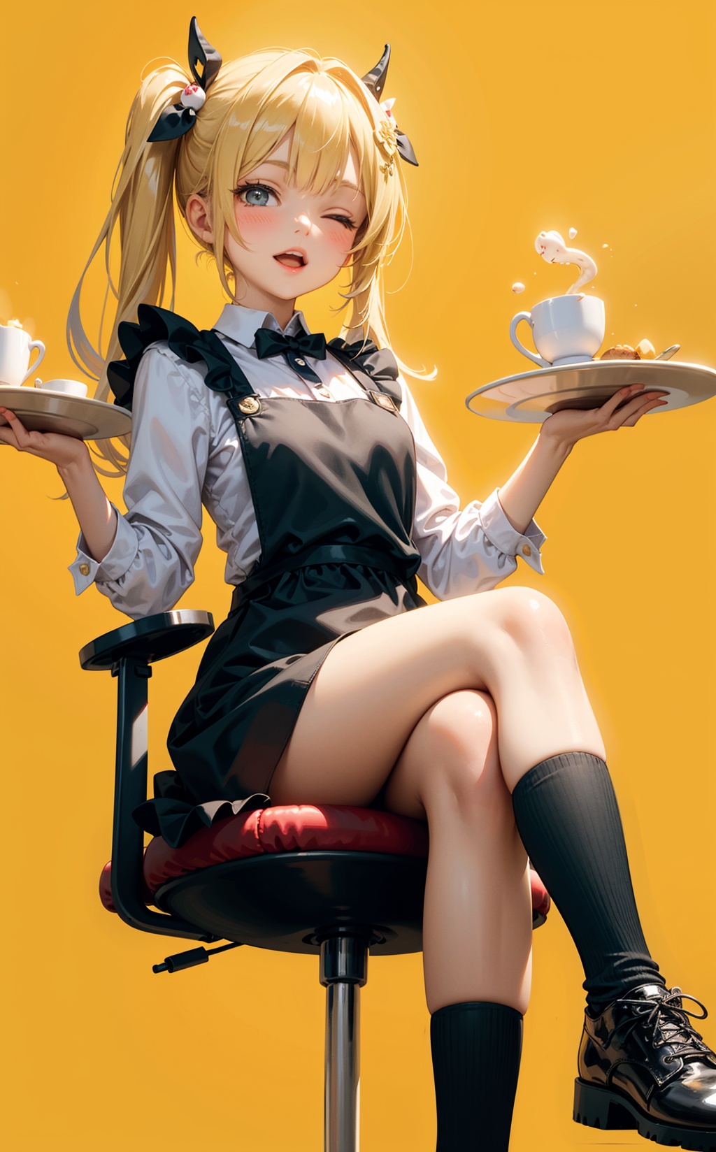 1girl,apron,black footwear,blonde hair,crossed legs,cup,hair ornament,holding tray,long hair,one eye closed,solo,tray,yellow background,