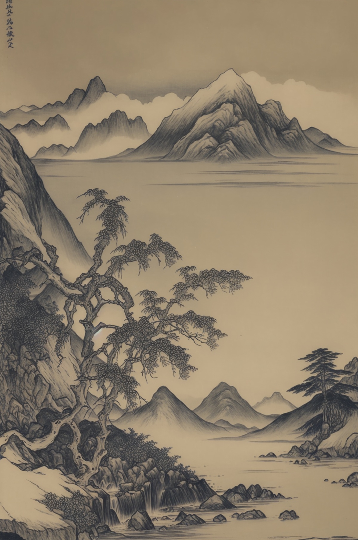 monochrome, mountain, no humans, plant, scenery, traditional media, tree, wings, yshanshui,<lora:SD1.5_YShanshui.64:0.6>