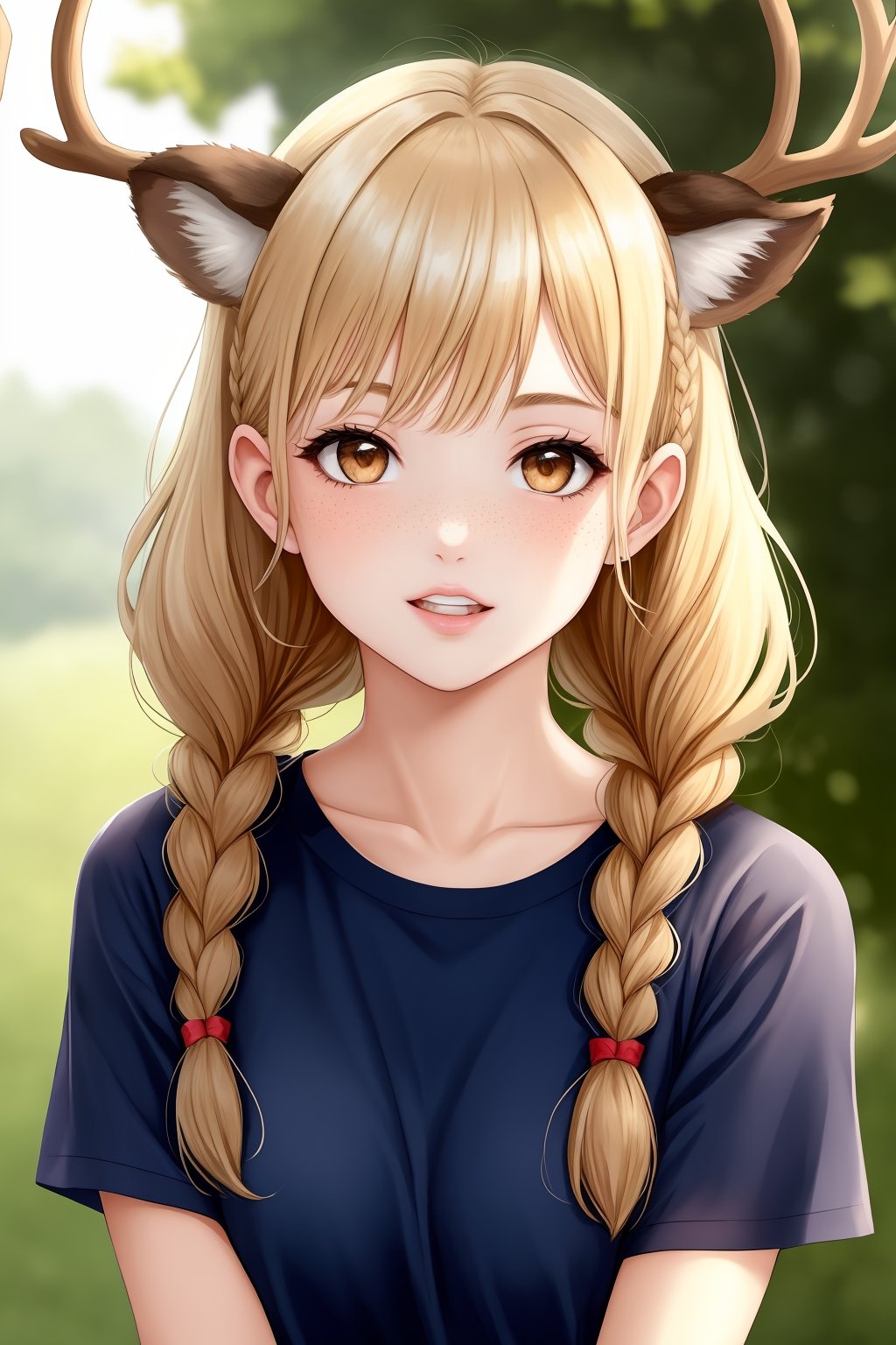 1girl, solo, long hair, looking at viewer, bangs, blonde hair, shirt, animal ears, twintails, brown eyes, upper body, braid, parted lips, horns, teeth, day, blurry, twin braids, lips, parted bangs, blurry background, sunlight, blue shirt, hair over shoulder, freckles, realistic, antlers, deer ears,