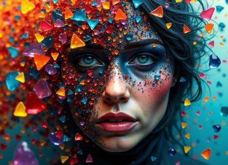 Create an abstract,  strange,  and mysterious image of a woman. The image should be mosaic shattered into two contrasting...
