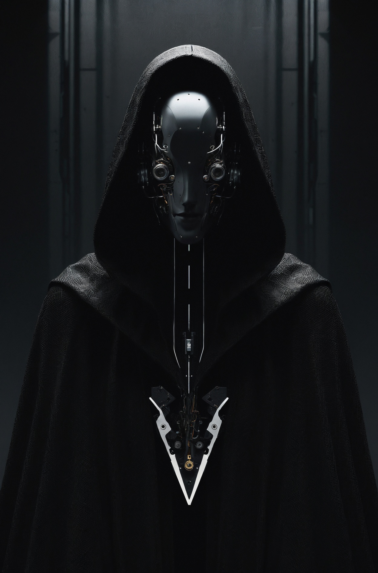 photography aesthetic,  Mysterious figure clad in a cloak,  robotic face obscured by shadows on Tensor.Art
