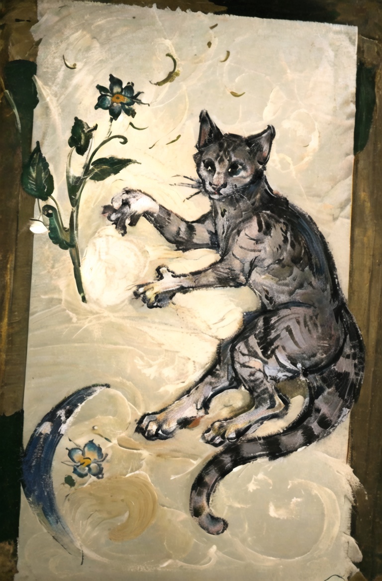 masterpiece, best quality, Medievalcat,solodersrt,night，flower.dancing cat <lora:Medievalcat:0.85>,medieval, painting,sketch,scrawl