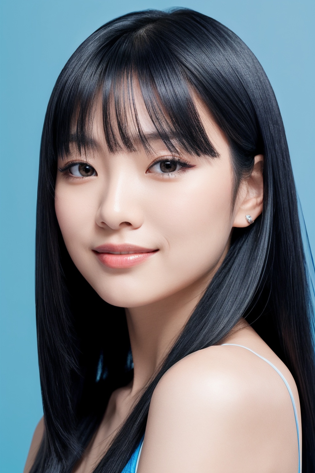 1girl,asians,30 years old,famale focus,ocean blue background,black hair,Long hair,face front,emotional face,make up,studio light,studio,close mouth,no teeth,profile,simple background, 