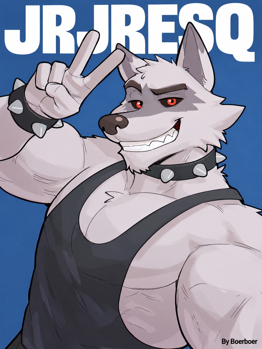 @jrjr3sq,  An anthro muscular grey-furred wolf male (Death from Puss in Boots),  with red eyes on Tensor.Art