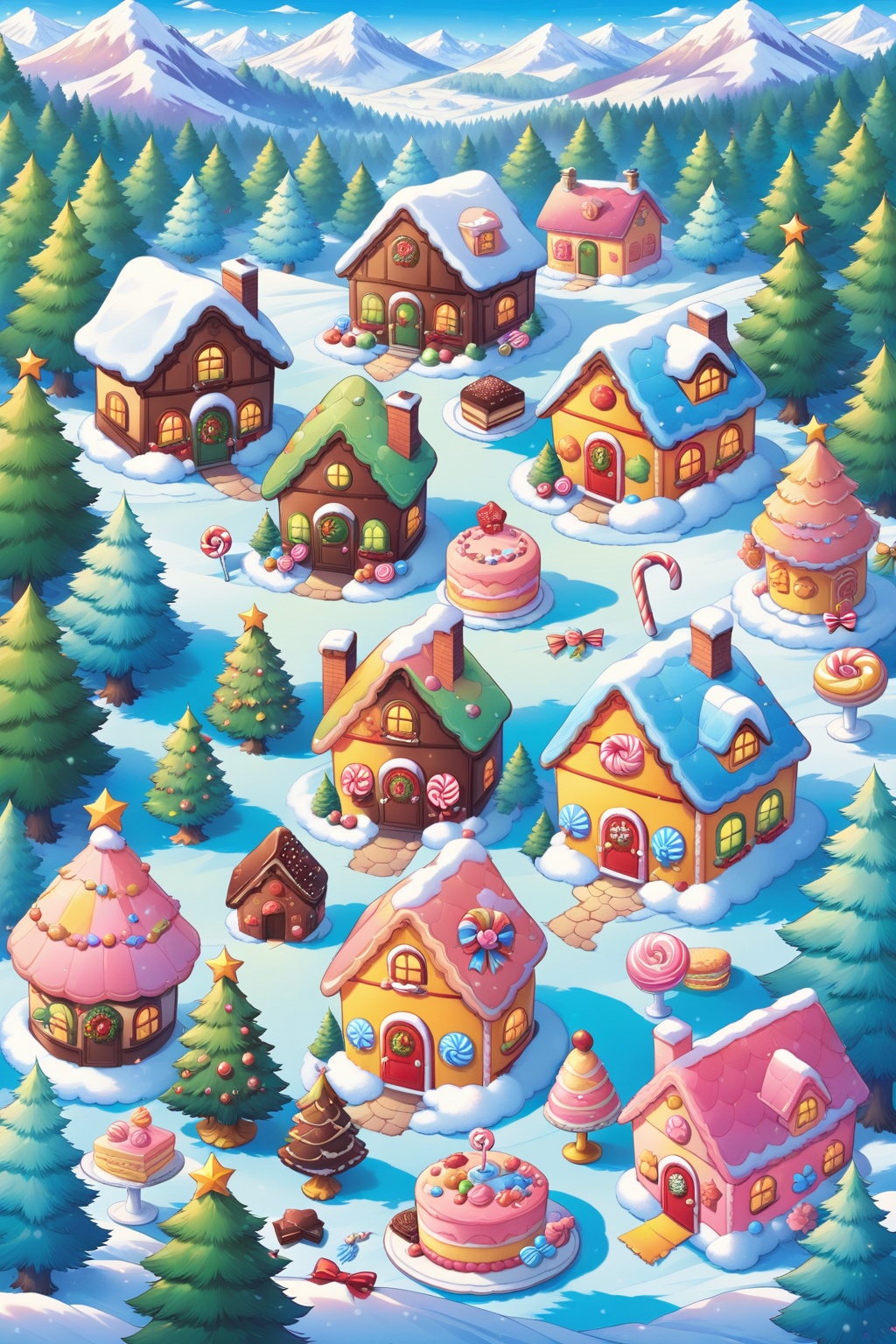 outdoors, food, tree, no humans, window, candy, nature, scenery, snow, forest, mountain, house, christmas tree, candy cane, chimney, pine tree,Candy, cake, chocolate, sandwich cookies, mushrooms, straw hats，  <lora:lora:0.7>
