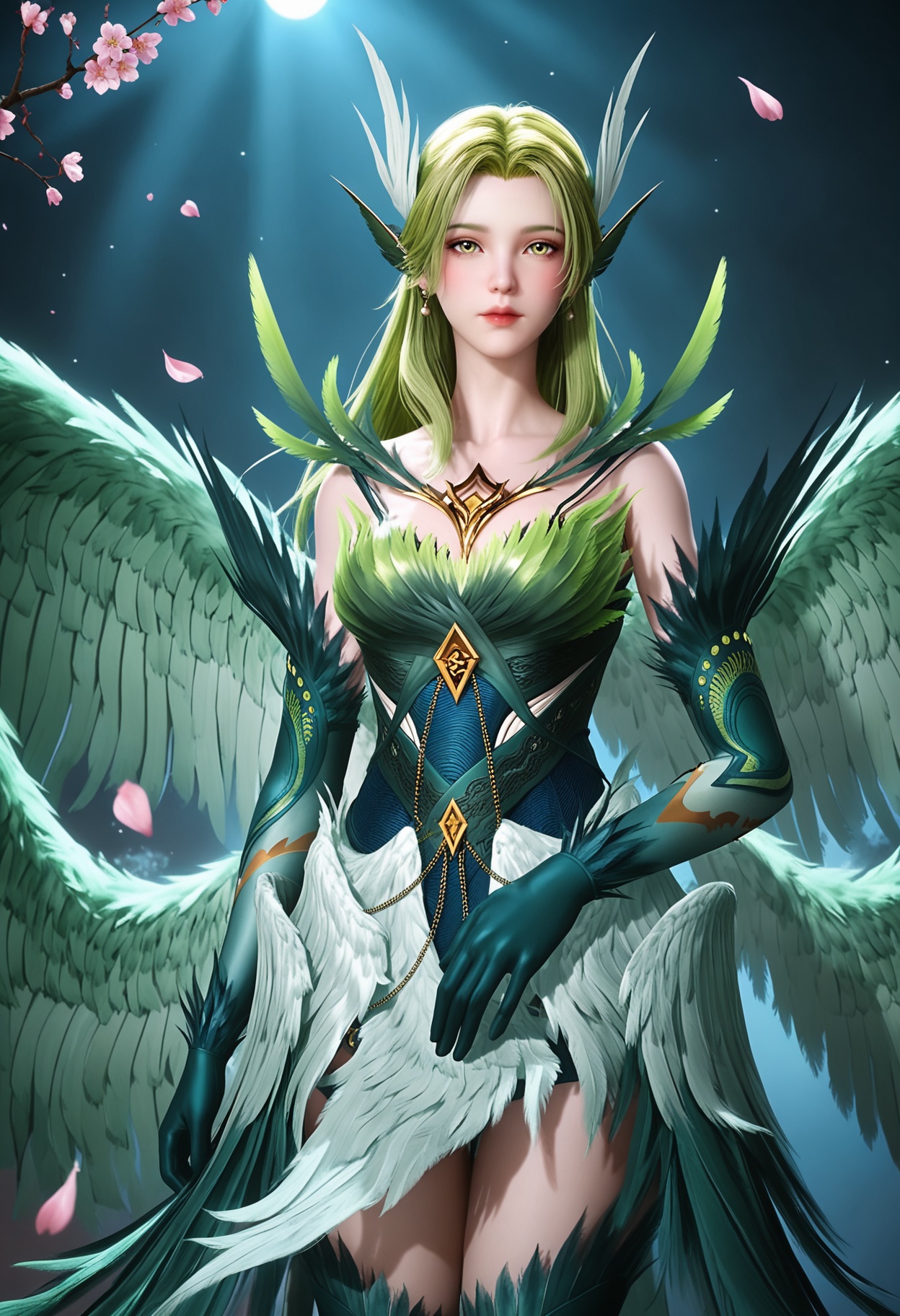 (cowboy shot:1.2),(looking at viewer:1.1),masterpiece,(best quality),smog,Dark room,dim lighting,peach blossom,falling petals,<lora:YQ_Illustrious光辉v5_碧姬_V1:0.8>,q1528437228,solo,1girl,long hair,green hair,feathers,green eyes,blonde hair,hair ornament,pointy ears,wings,gloves,dress,green wings,elbow gloves,jewelry,feathered wings,green dress,thighhighs,armor,yellow eyes,earrings,green feathers,multiple wings,