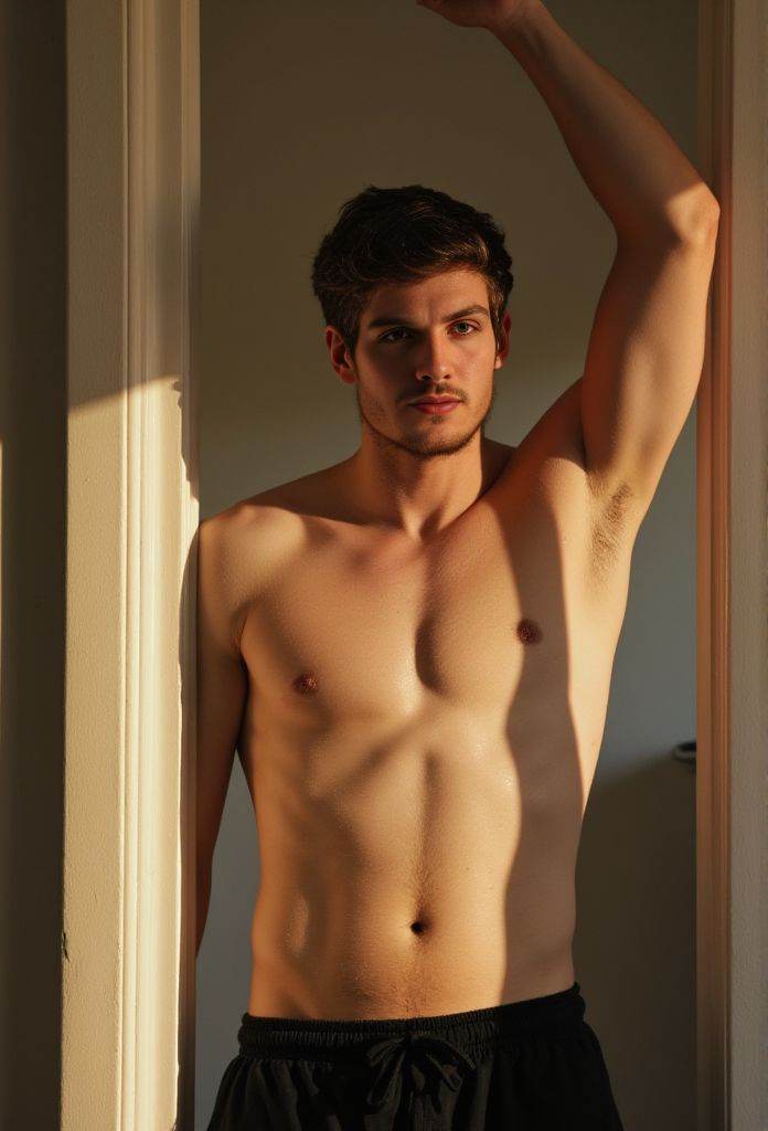 danielsharman ,  A cinematic selfie. standing in a doorway. wearing black joggers only. He raises one arm overhead to touc...