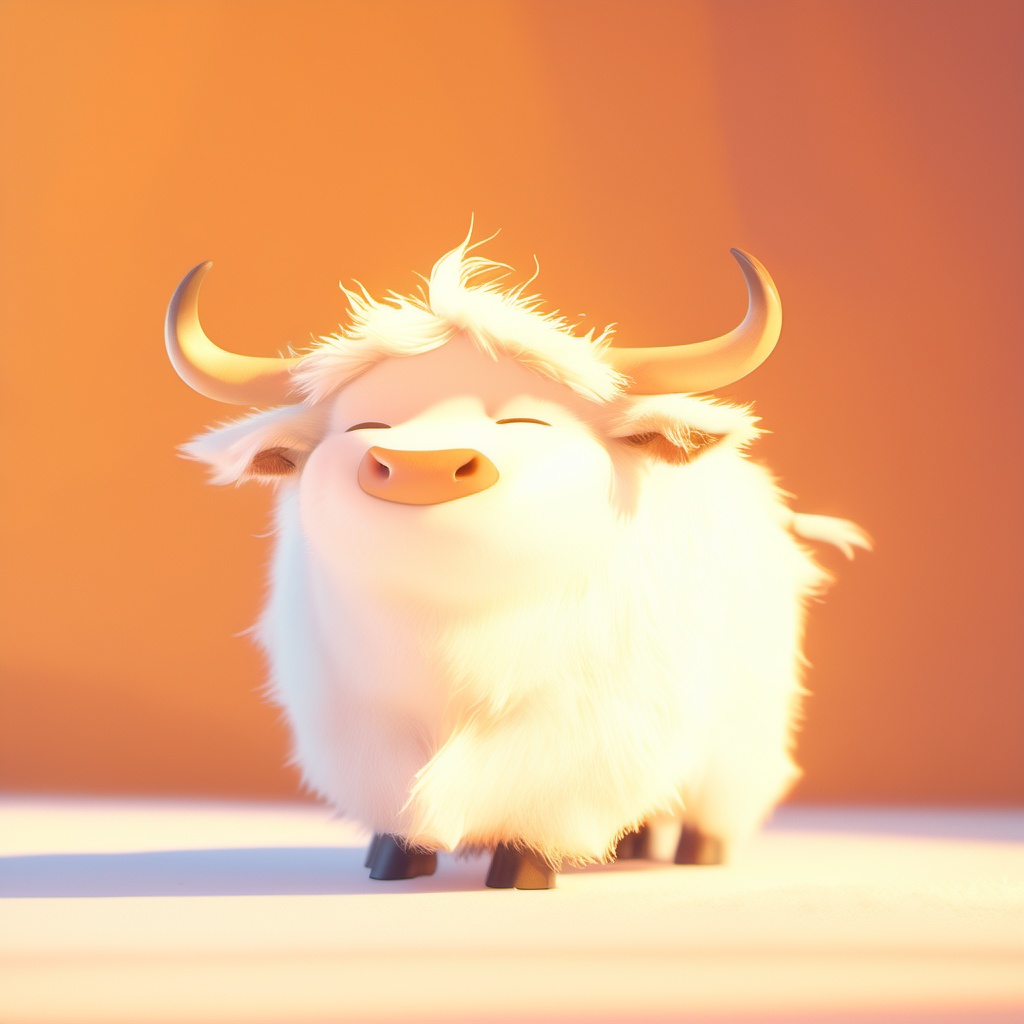 chouniu,cow,soft lighting,^ ^,cc-color-correction,whimsy and dramatic lighting,white fur,warm colors,mf-movie-filter,cute,no humans,solo,closed eyes,fluffy,full body,cow focus,horns,cow tail,standing,orange background,facing viewer,closed mouth,tail,cow horns,simple background,<lora:chouniu_xl_v2:1>,