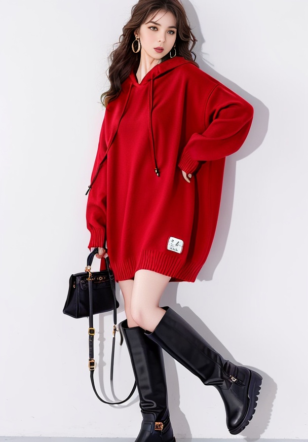 1girl, Spring Clothing, solo, boots, black footwear, brown hair, bag, long hair, earrings, standing, hood, jewelry, hoodie, handbag, full body, holding, holding bag, standing on one leg, realistic, simple background, looking at viewer, white background, long sleeves, sleeves past wrists, knee boots, hoop earrings, brown eyes, shadow, parted lips, lips, sweater, hood down, fashion a woman in a red sweater and black boots leaning against a wall with a black purse and a black purse, 1girl, bag, boots, solo, handbag, black_footwear, long_hair, earrings, brown_hair, gradient, gradient_background, shoulder_bag, solo, <lora:SD1.5_SpringCloth.V1:0.8>