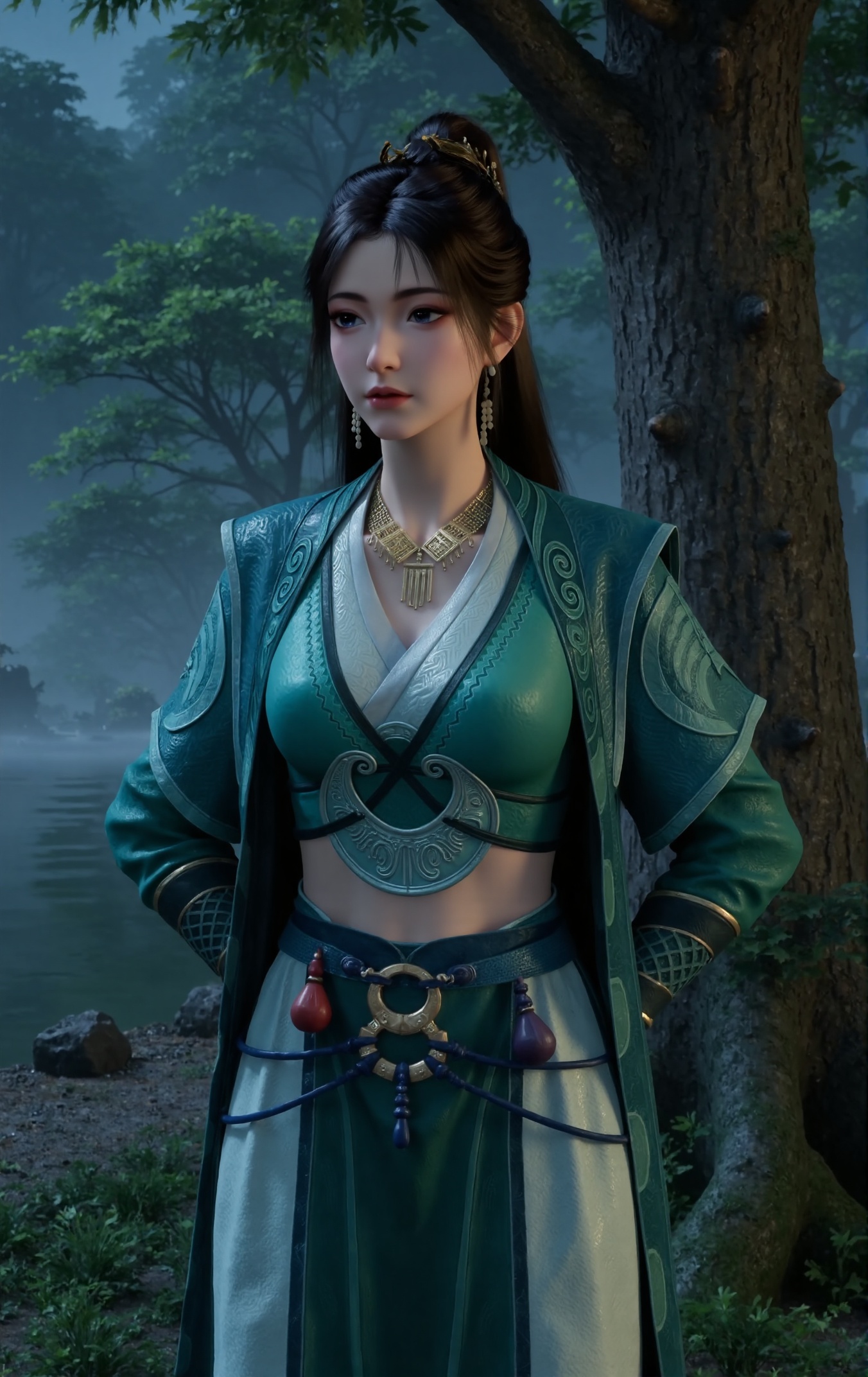 A self-portrait of Mupeiling,"Photograph capturing Mupeiling in a serene natural scene during gentle rain. Mupeiling wears an elegant traditional Chinese attire in teal with intricate patterns and a white inner layer,along with a small gold crown on her head. She also adorns herself with a gold necklace featuring dangling pendants and matching earrings. Her long dark hair is styled in a high ponytail,emphasizing the detailed jewelry and textures. She stands beneath a large tree with a thick trunk and vibrant green leaves,which provides shelter from the rain. Raindrops fall gracefully around her,creating a soft misty effect on the lush foliage. The ground is covered with calm,reflective water that mirrors the tree and sky above. The background features a simplified,dense forest of trees in varying shades of green,contributing to a peaceful and refreshing mood. The image highlights the tranquility and natural beauty,focusing on Mupeiling's detailed outfit and accessories.",