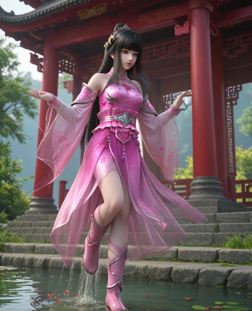 (oriental architecture, elegant decor, sophisticated style:1.1),(jumping in a puddle:1.1),(breasts:1.2),<lora:XL16墓王之王林水瑶:0.95>,miss linshuiyao,pink dress,see-through,blue eyes,black hair,hime cut,long hair,hair ornament,detached sleeves,hair bun,sash,spiral leg decoration,pink boots,, score_9,score_8_up,score_7_up,score_6_up,score_5_up,score_4_up,3d rendering,tag1,tag2, Cinematic Lighting,backlighting,