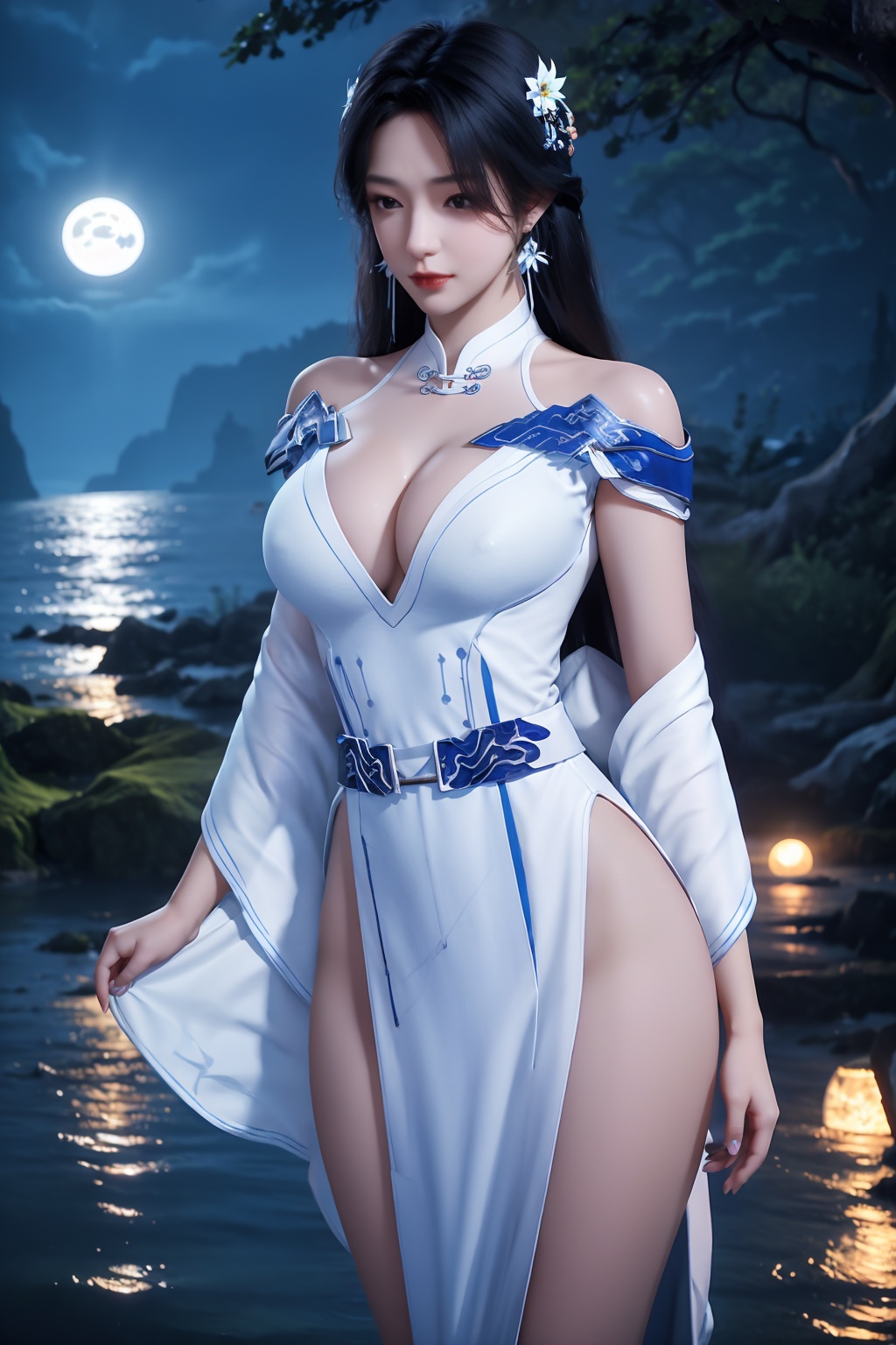 standing,dress,chinese clothes,flower,full_moon,moon,night,lily_pad,lotus,moonlight,nipples,water,night_sky,lily_\(flower\),sky,partially_submerged,1girl,solo,hair ornament,realistic,nail polish,photo_\(medium\),(big breasts, cleavage),makeup,(8k, RAW photo, best quality, masterpiece:1.2),(realistic, photorealistic:1.3),ultra-detailed,extremely detailed cg 8k wallpaper,(crystalstexture skin:1.2),extremely delicate and beautiful,(sexy pose:1.2),chinese dress,