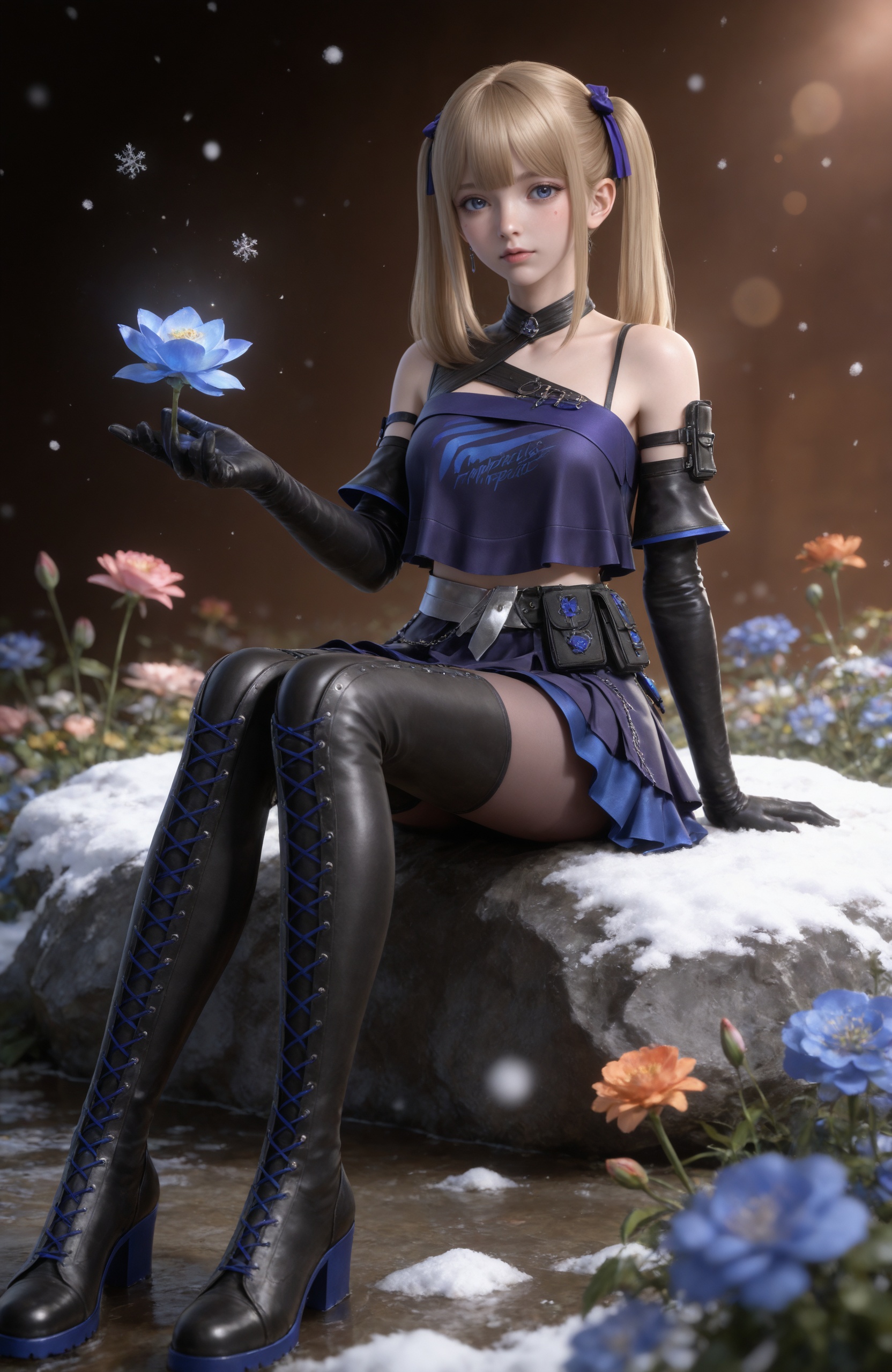 Nai3 style,realistic style photo,outstanding style,Use soft lighting to cast gentle shadows on the subject,adding a touch of dimension to your images without compromising details,whirls of vapor,(Anime:1.1),soft neon light,ethereal ambiance,delicate details,magical atmosphere,concept art,highly detailed,ultra-high resolution,32K UHD,sharp focus,best-quality,masterpiece,golden hour,unconventional supreme masterpiece,masterful details,temperate atmosphere,with a high-end texture,in the style of fashion photography,magazine style,Dynamic Angle,Dynamic posture,magazine style,Dynamic Angle,Dynamic posture,(cowboy_shot:1.2),eye trail,depth of field,cinematic lighting,lens flare,close-up,extreme aesthetic,(wlop:0.6),(honjou raita,lack,rella,wanke:0.5),masterpiece,best quality,good quality,newest,year 2025,very aesthetic,absurdres,Visual impact,A shot with tension,ultra-high resolution,32K UHD,sharp focus,best-quality,masterpiece,Emotionalization,unconventional supreme masterpiece,masterful details,temperate atmosphere,with a high-end texture,in the style of fashion photography,(Visual impact:1.2),giving the poster a dynamic and visually striking appearance, <lora:CF-雅晴IL:0.7> 1girl, blonde hair, long hair, twintails, hair ribbon, blunt bangs,blue eyes,hair bow, choker,bare shoulders, purple shirt,midriff, crop top, spaghetti strap,cross-laced clothes,belt, belt pouch,elbow gloves, black gloves, thighhighs, thigh boots, pleated skirt,miniskirt,black footwear, ,snowing, rock,,blurry,sitting,full body,arm support,blue flower,snowflakes